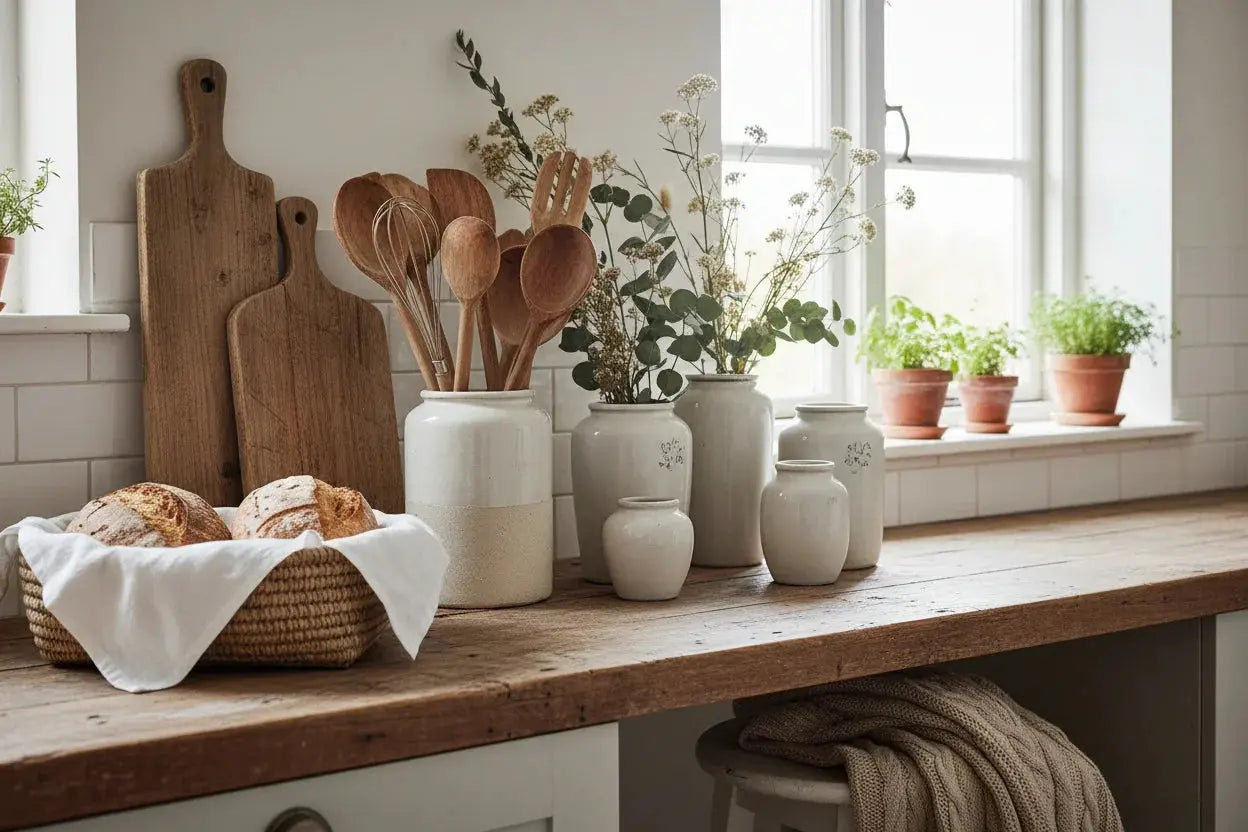 Cozy farmhouse kitchen counter with wooden utensils, ceramic jars, fresh bread, and dried flowers by window