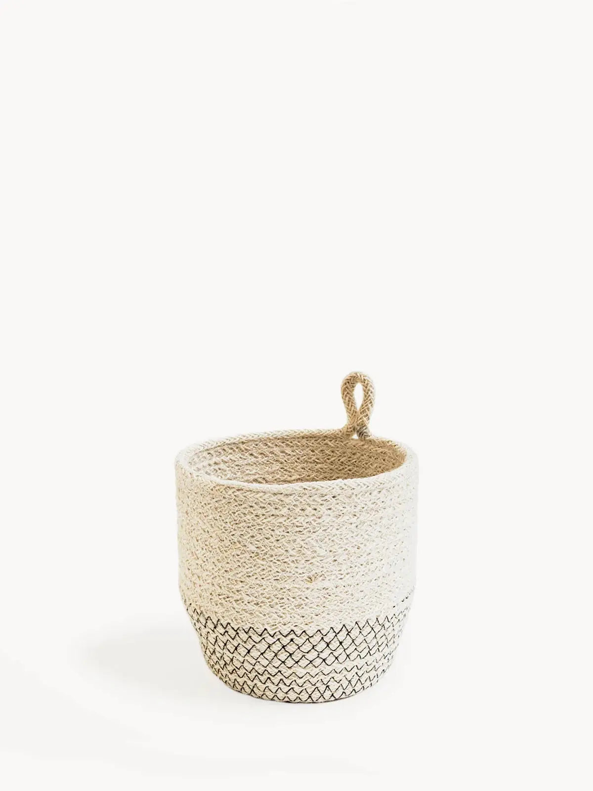 Natural woven basket with black zigzag pattern and loop handle, farmhouse decor storage