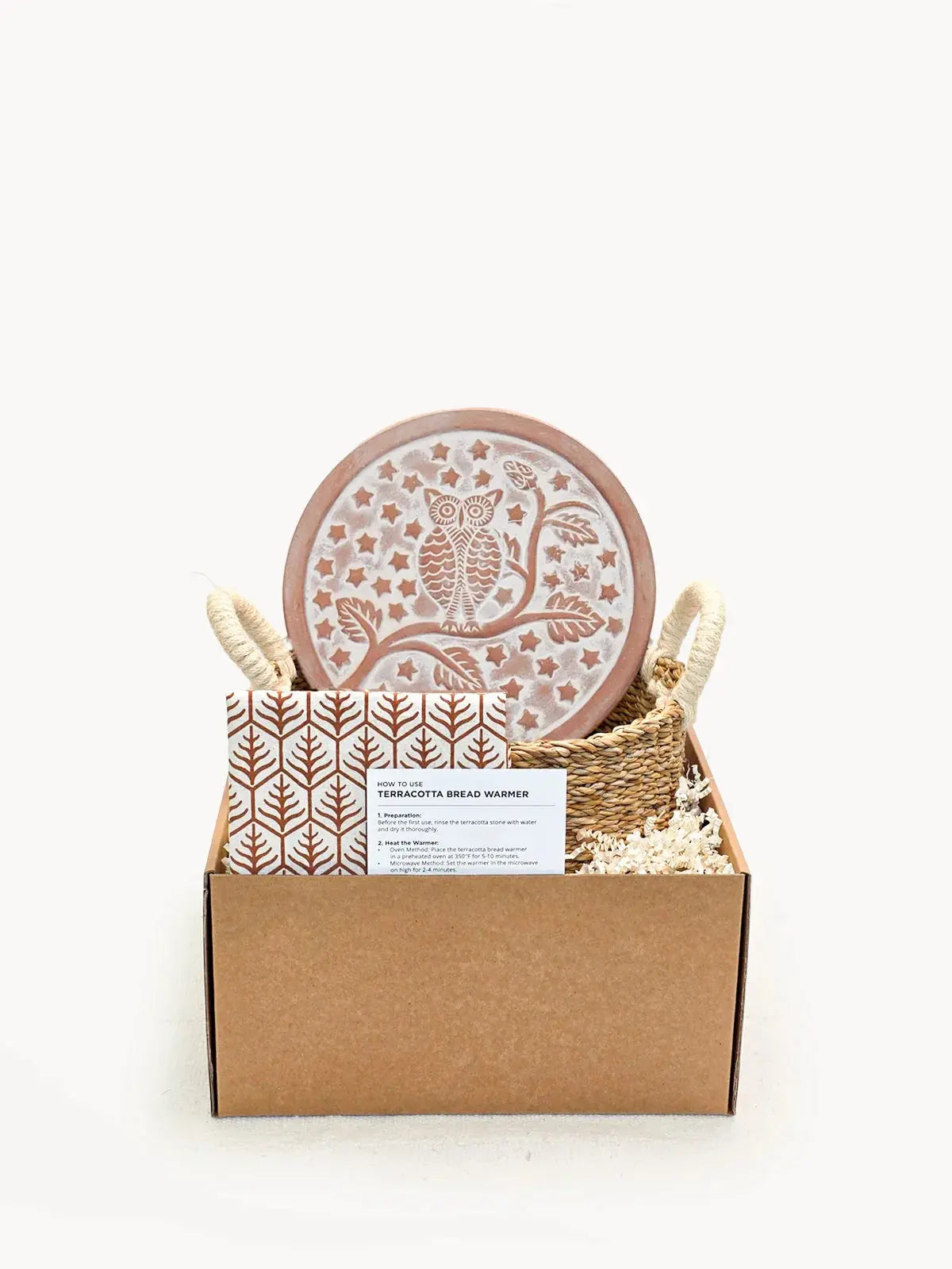 Terracotta bread warmer with owl design in rustic gift box, farmhouse kitchen decor