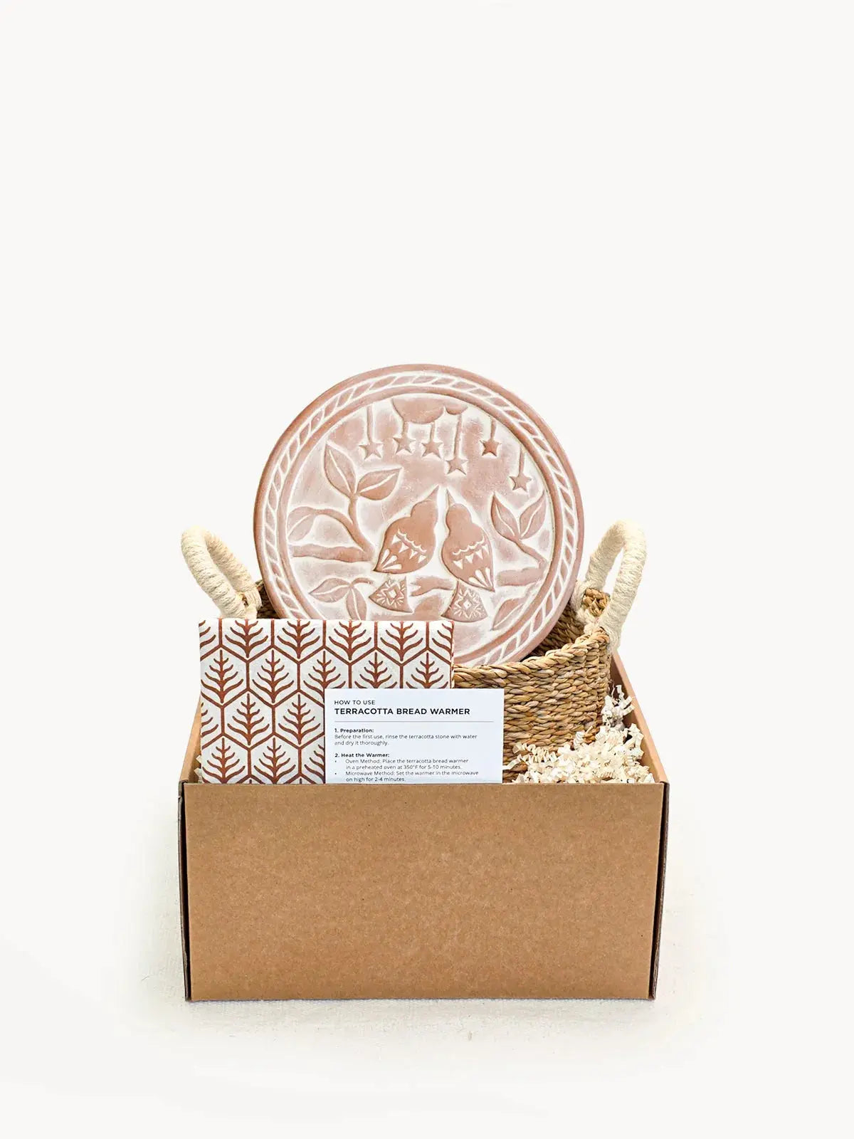Terracotta bread warmer with bird design in rustic gift box, farmhouse kitchen decor