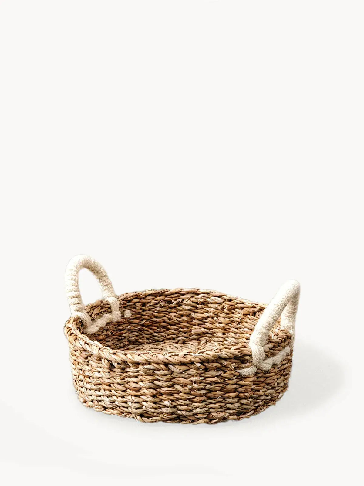Woven seagrass basket with rope handles for farmhouse home decor storage