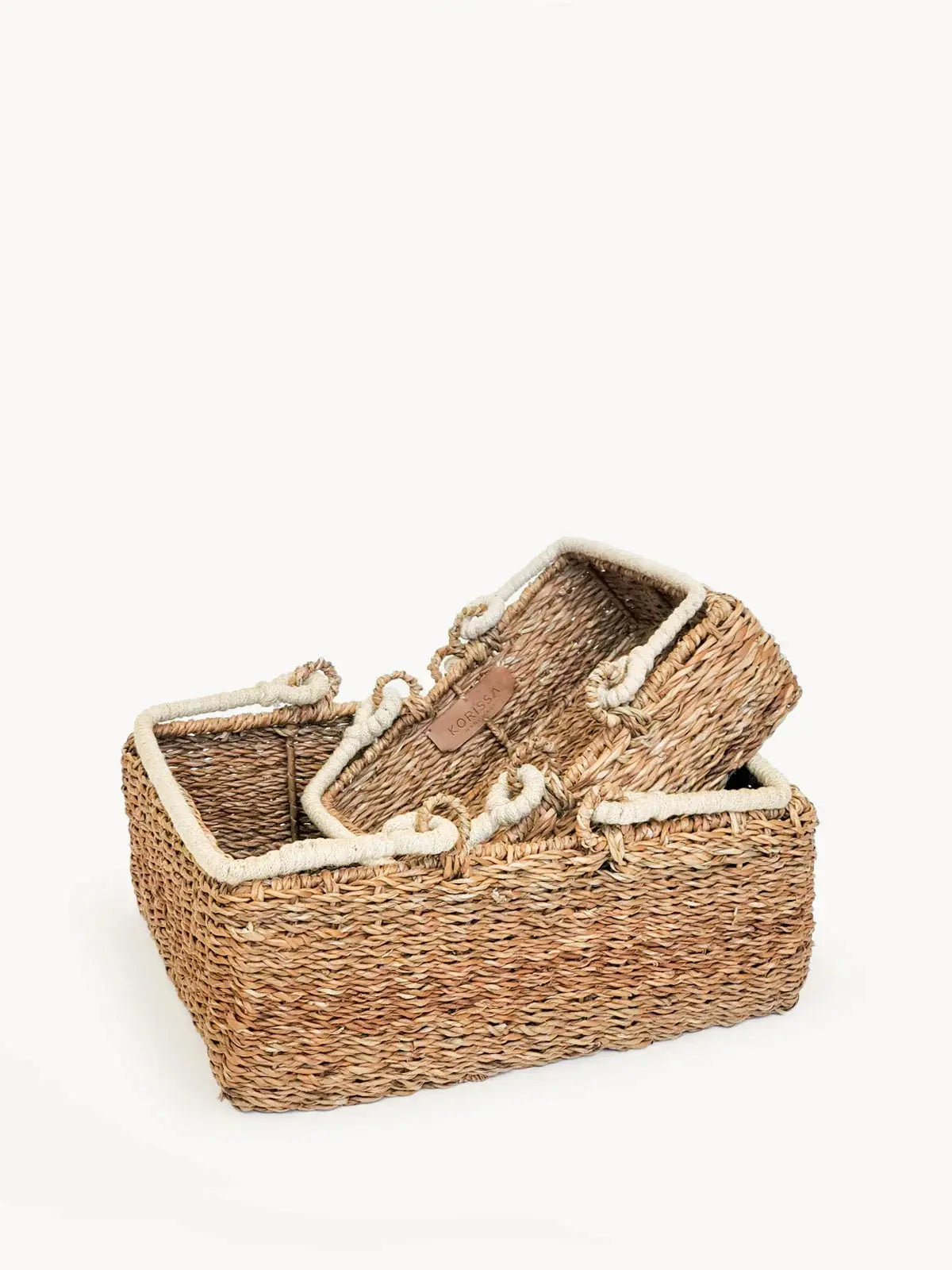 Set of two woven seagrass baskets with rope handles, farmhouse decor storage