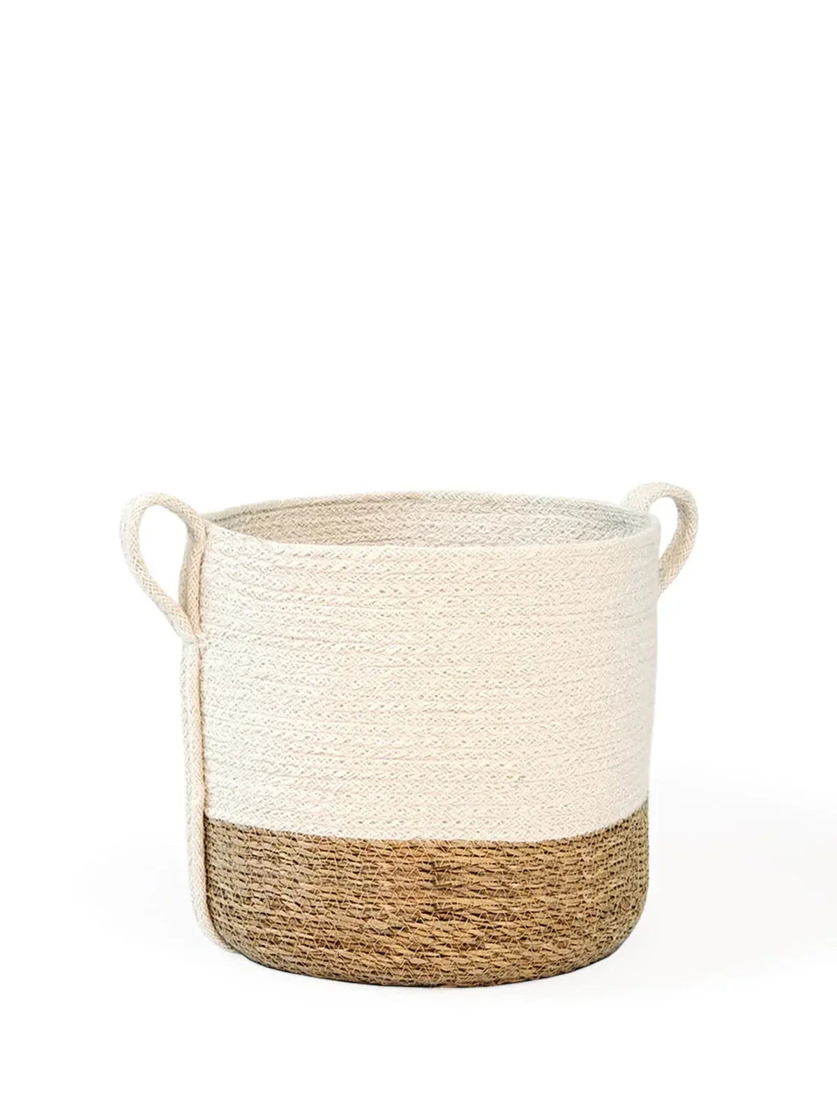 Cream and natural woven basket with handles, farmhouse decor storage