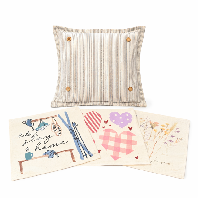 A square decorative throw pillow with beige and brown vertical stripes and four small gold buttons, displayed above three matching cream fabric square pillows with whimsical printed designs including hearts, winter gear, and floral artwork.