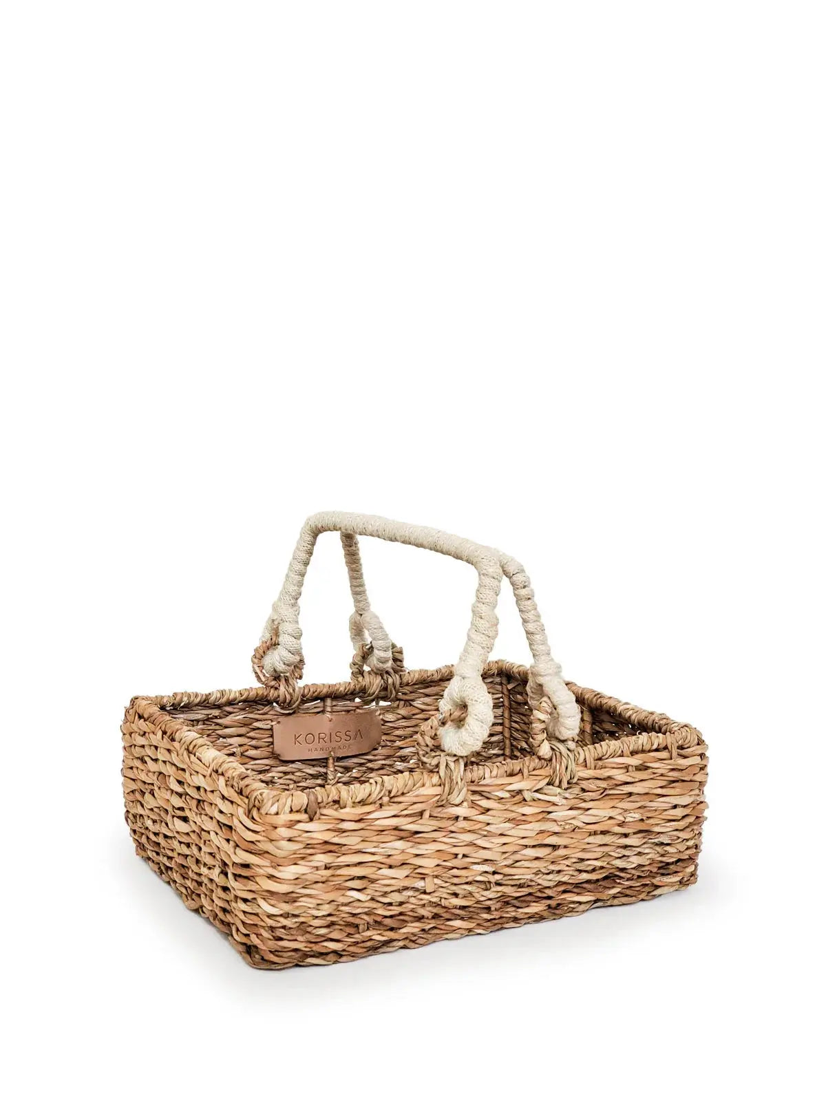 Handwoven seagrass basket with rope handles, farmhouse decor, Korissa handmade label