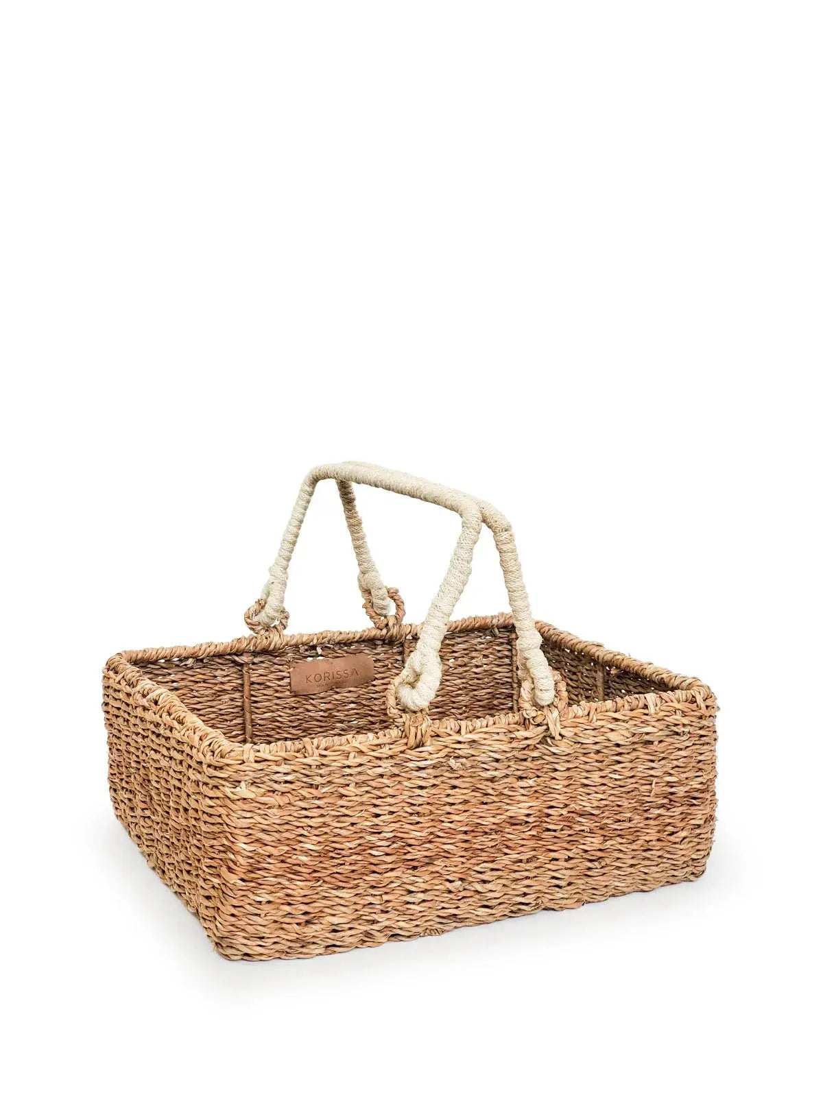 Woven seagrass basket with rope handles, farmhouse decor storage