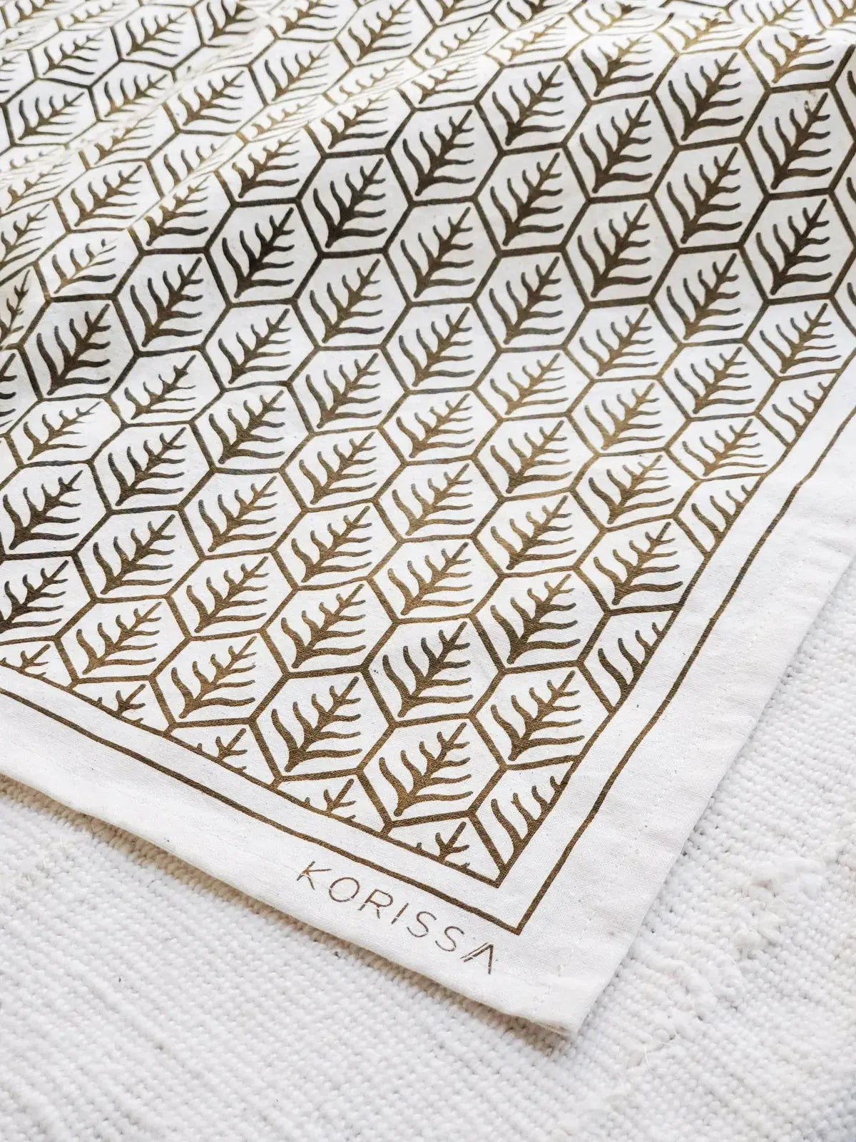 White cotton tea towel with gold leaf hexagon pattern, farmhouse kitchen decor, Korissa brand