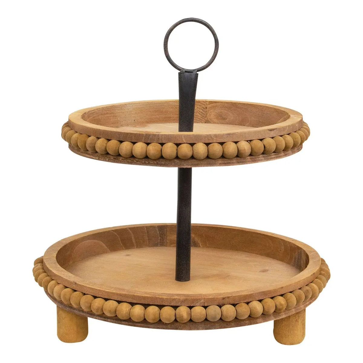 Natural Wood Beaded Two-Tiered Decorative Tray – 13"