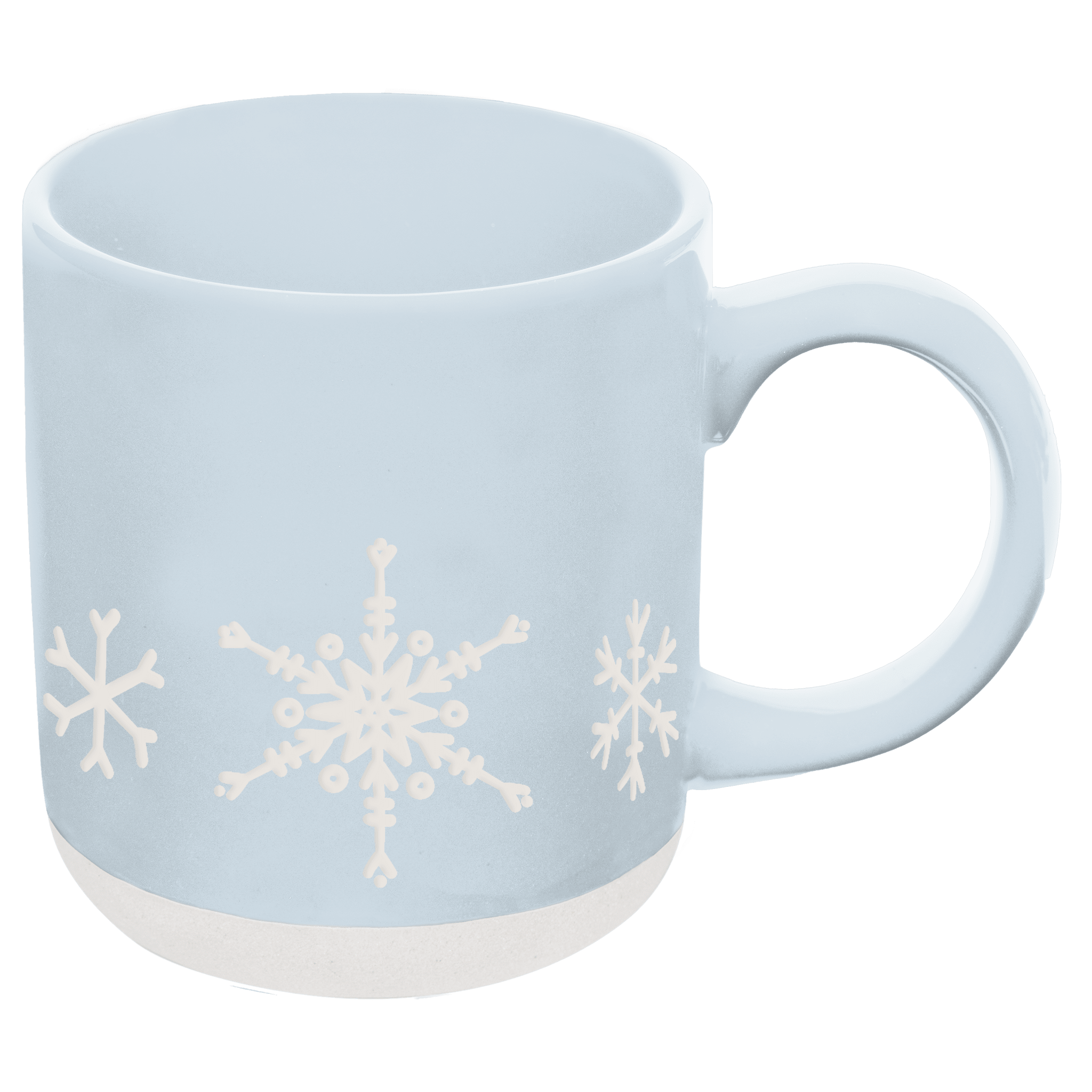 White mug with snowflake designs on a light blue background