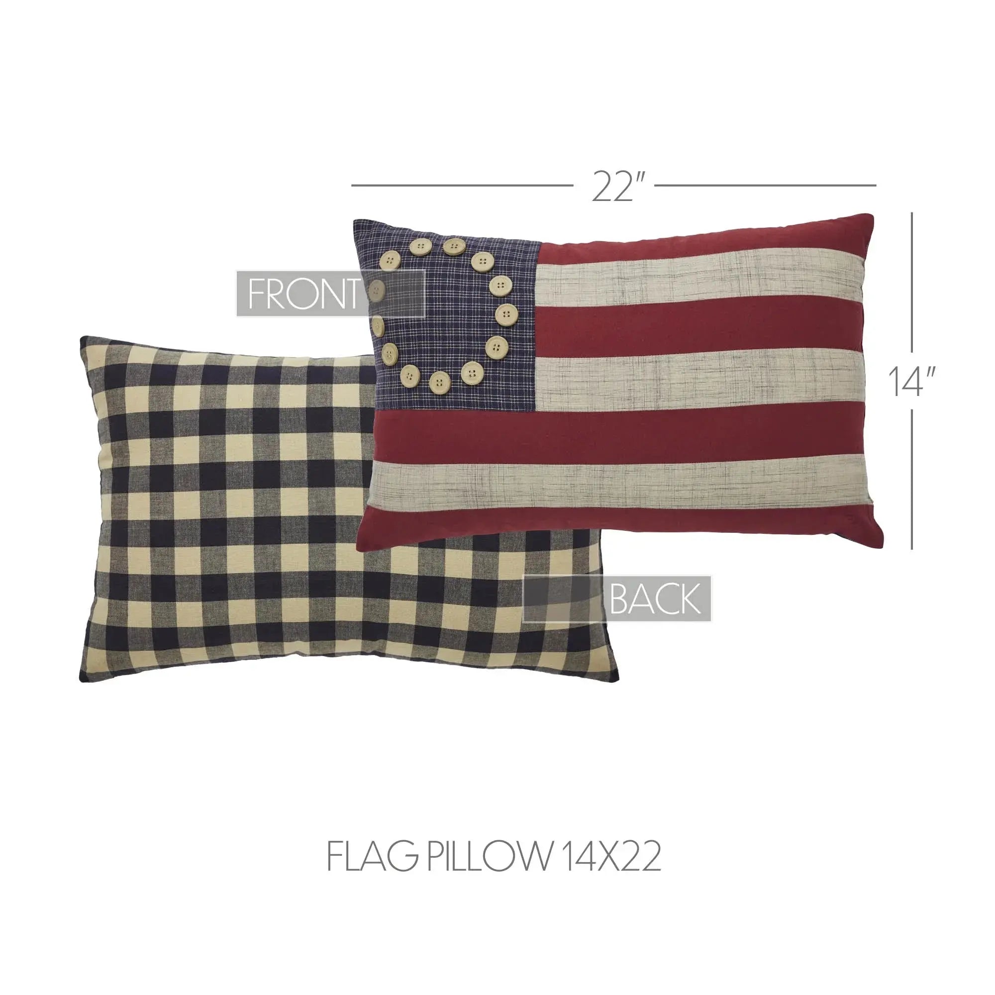 American flag pillow 14x22 with button stars, farmhouse decor, plaid back, cozy cottage style accent