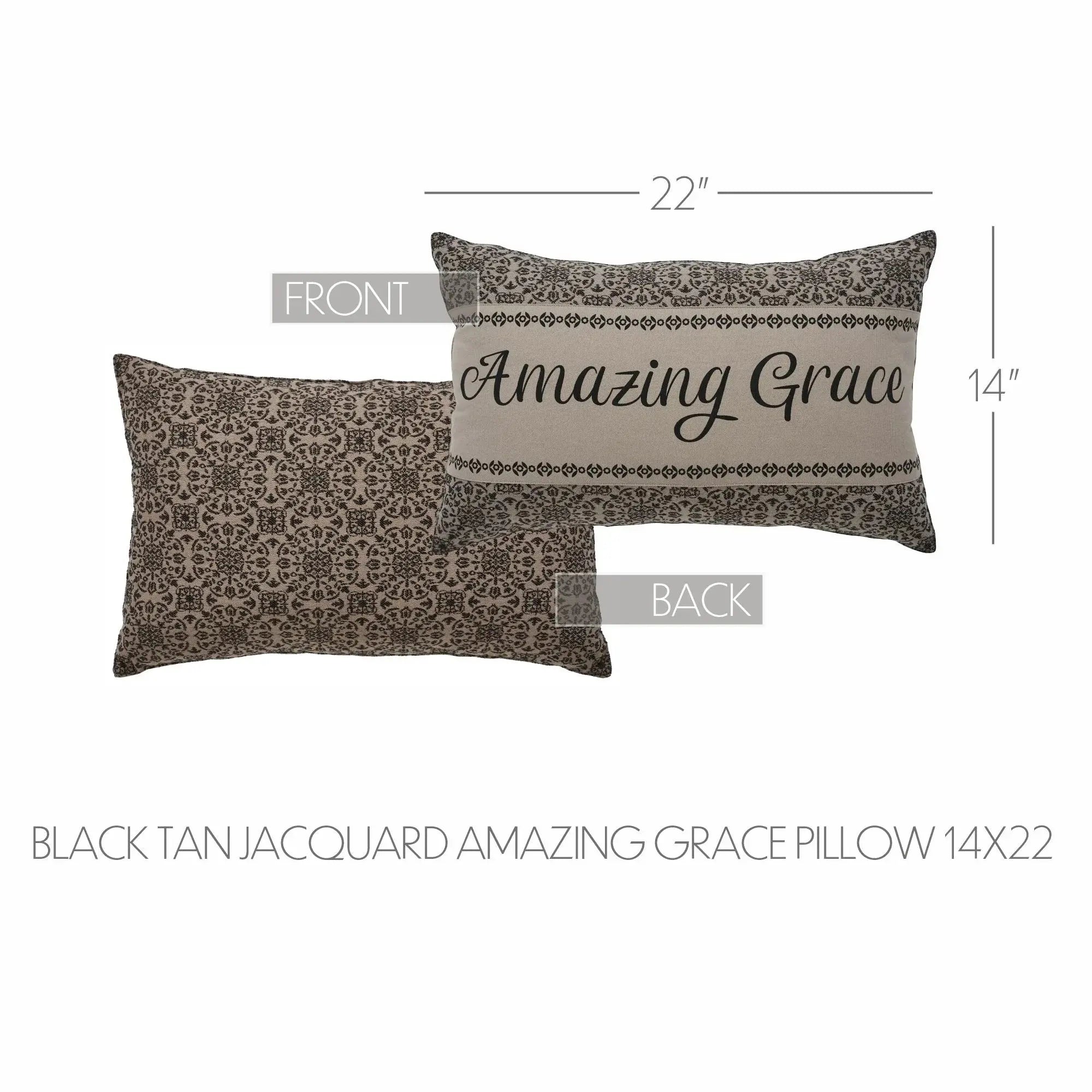 Black tan jacquard pillow with Amazing Grace text, 14x22 inches, farmhouse decor accent