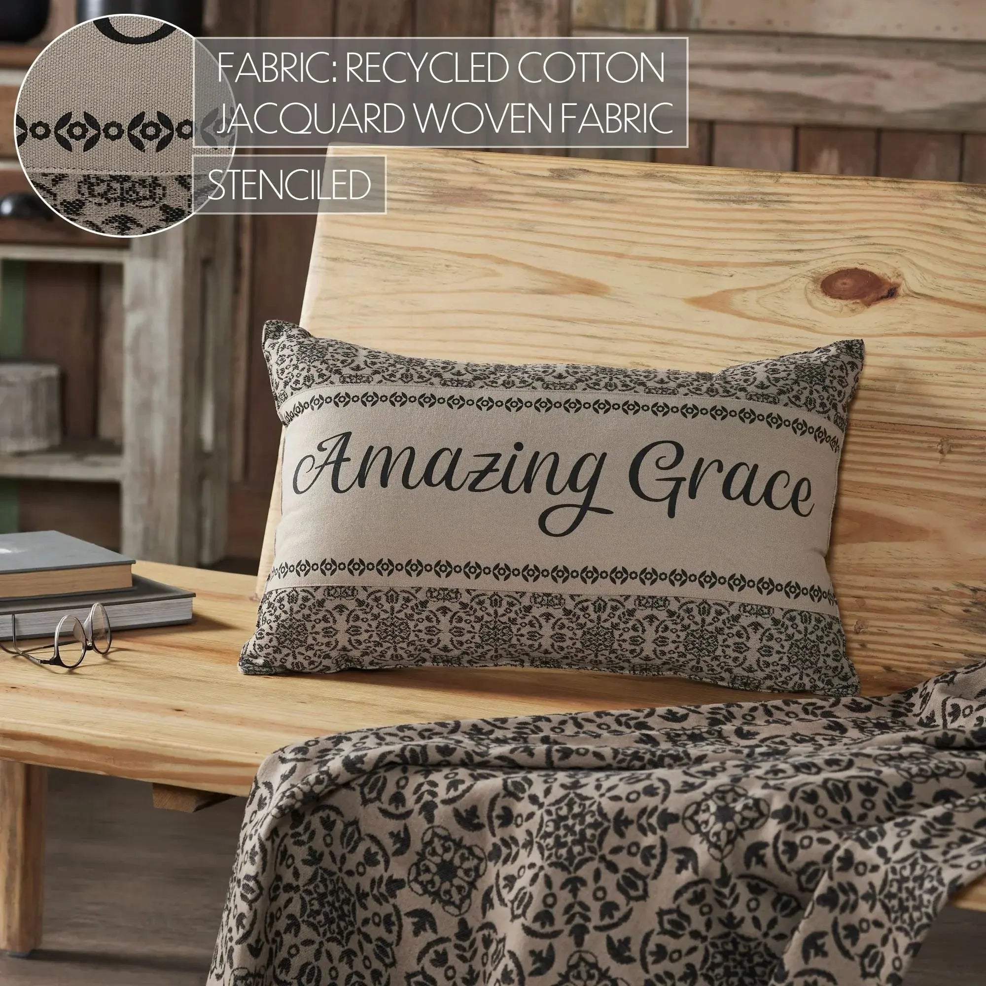 Amazing Grace throw pillow in recycled cotton jacquard fabric, farmhouse decor with stenciled design