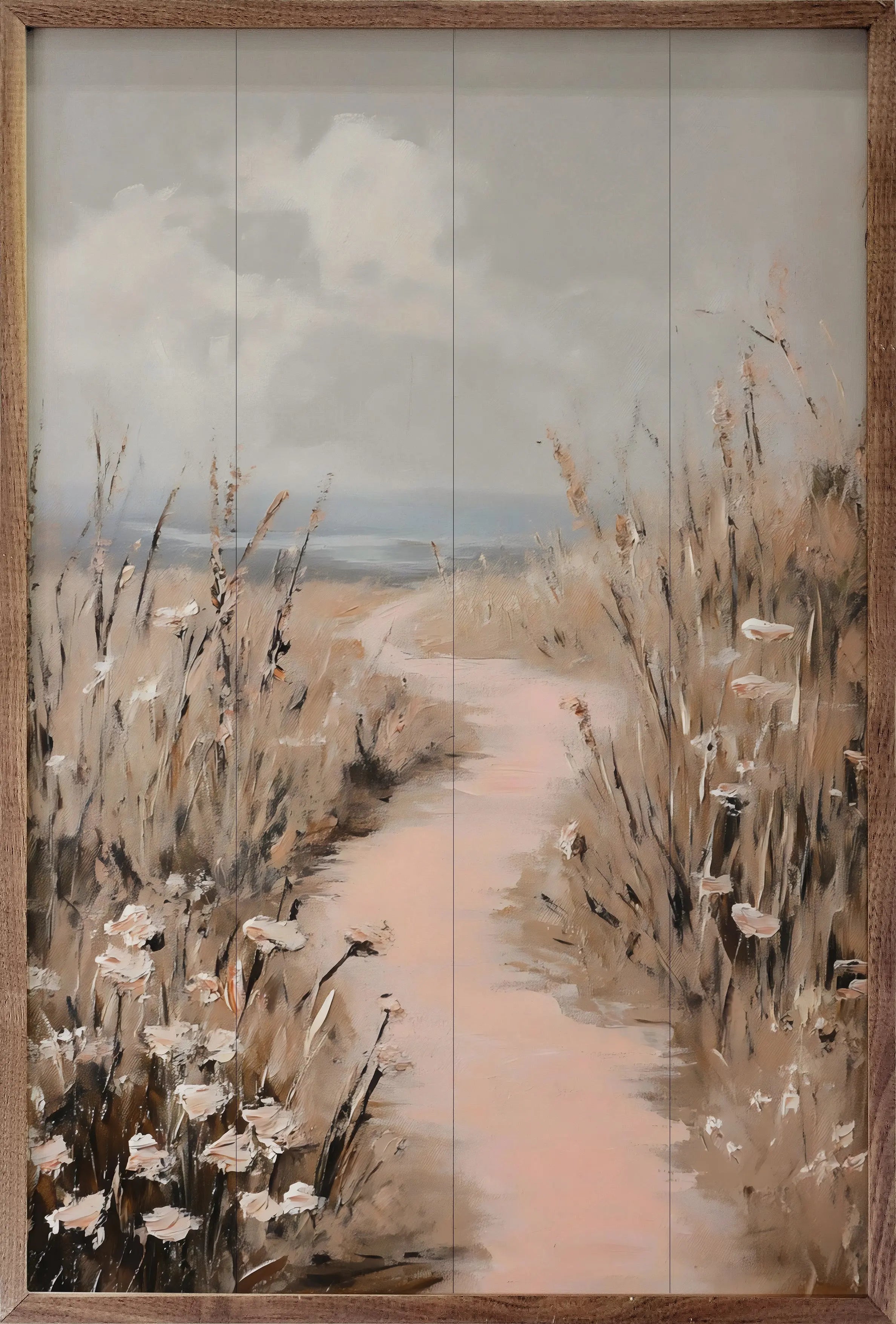 Painting of a path through reeds and flowers with a wooden frame.