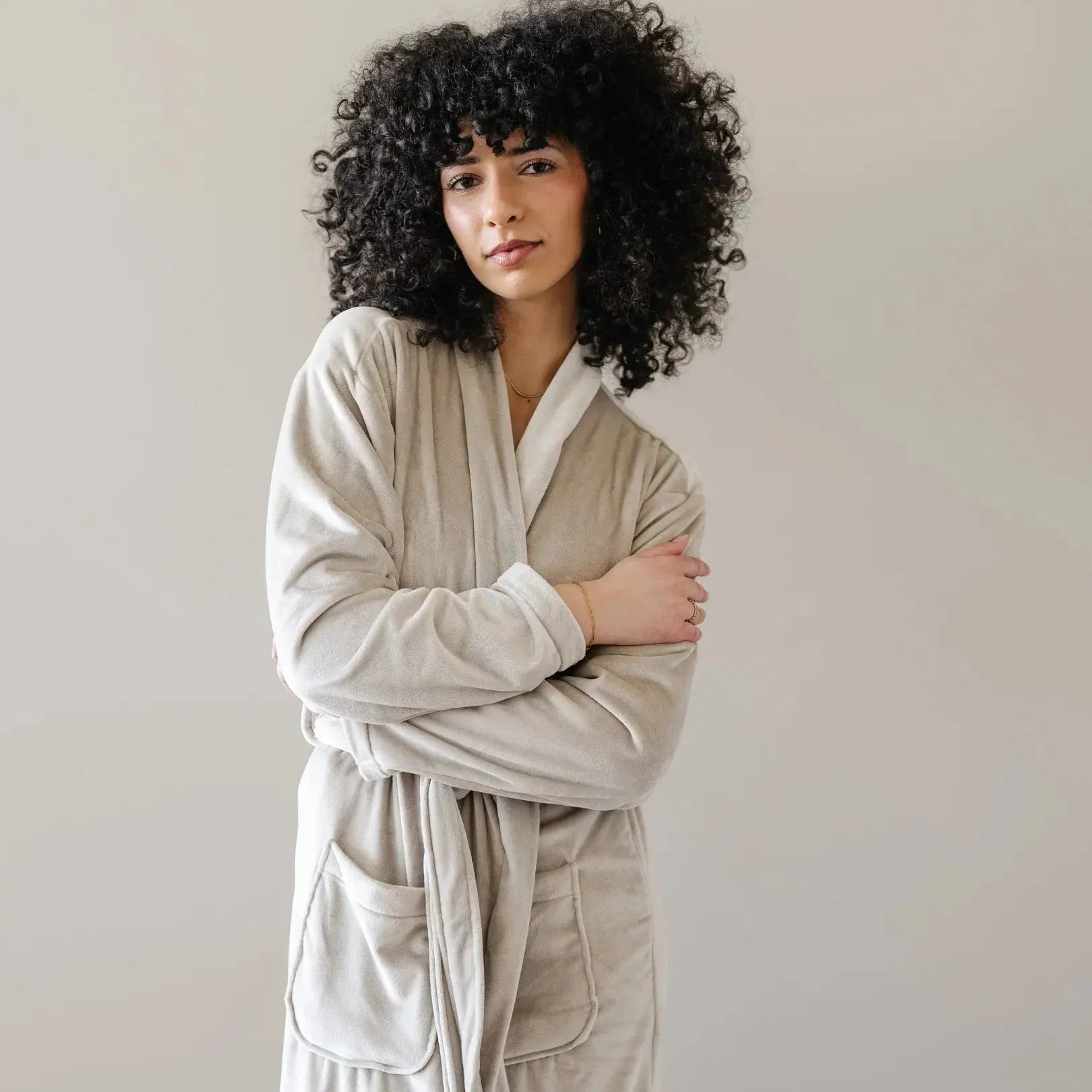 Cozy beige robe with pockets, perfect for farmhouse or cottage style bath & relaxation
