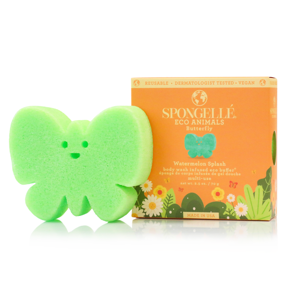 Green butterfly-shaped sponge with orange packaging on a white background
