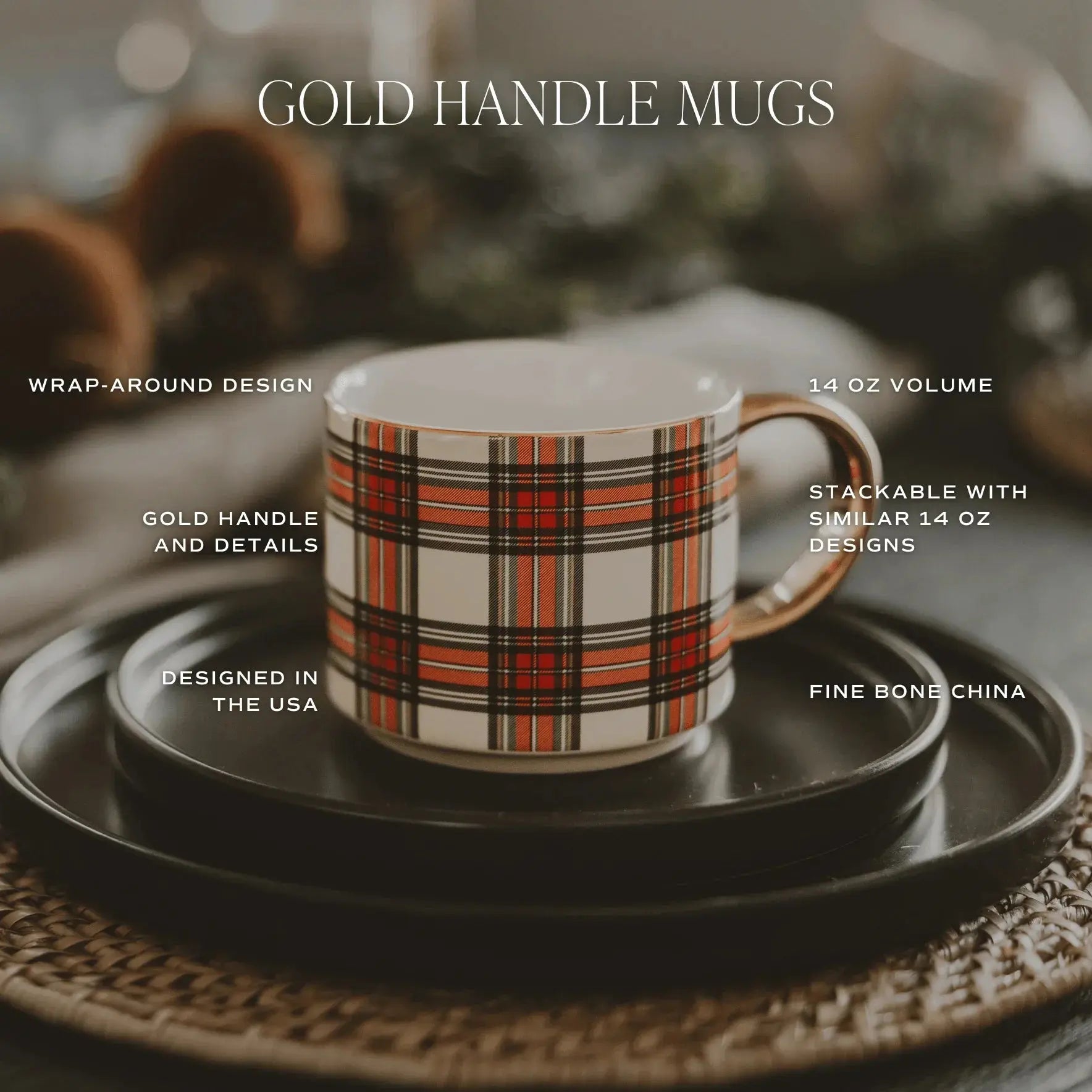 Plaid mug with gold handle, 14 oz fine bone china, cozy farmhouse style home decor