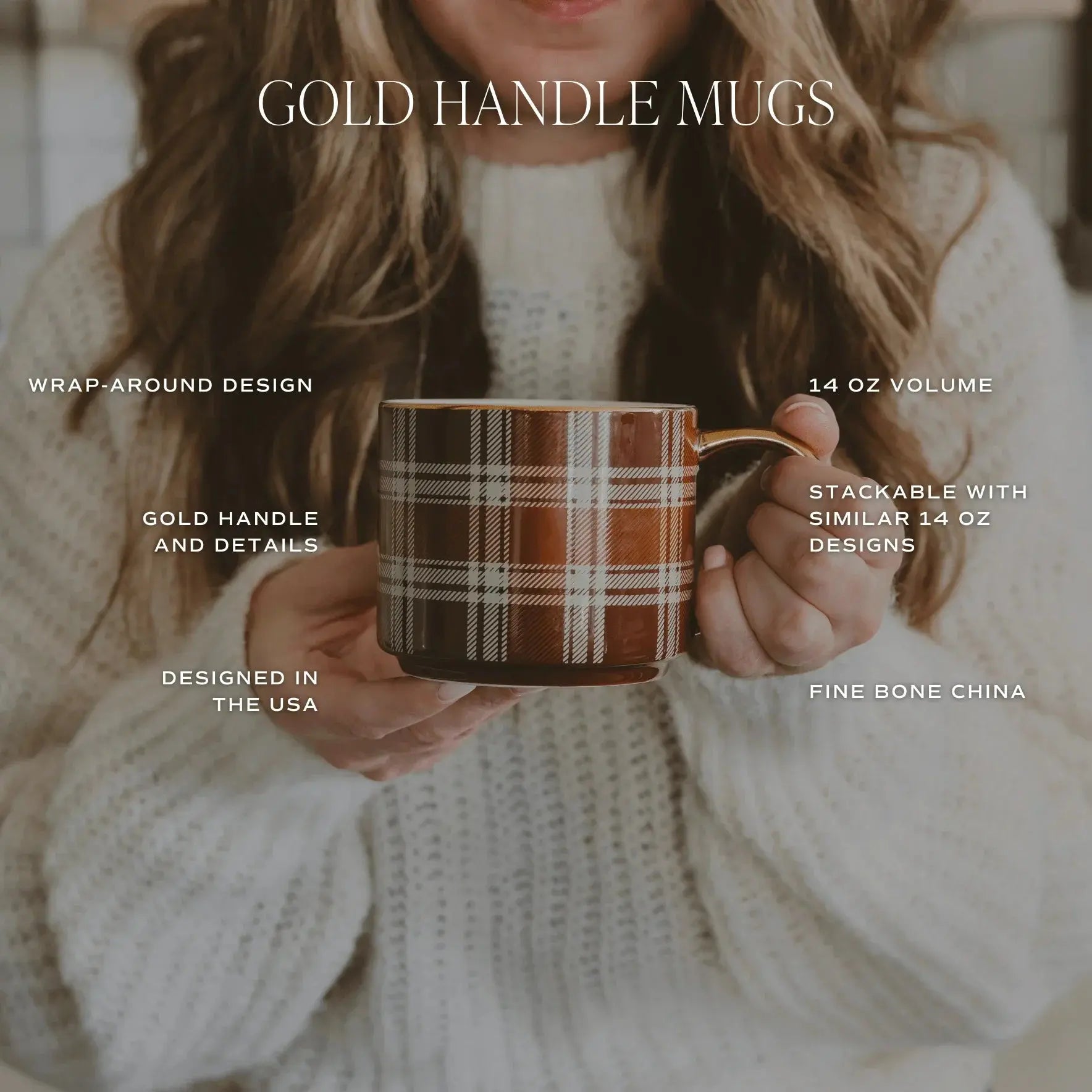 Cozy plaid mug with gold handle, 14 oz fine bone china, farmhouse style home decor