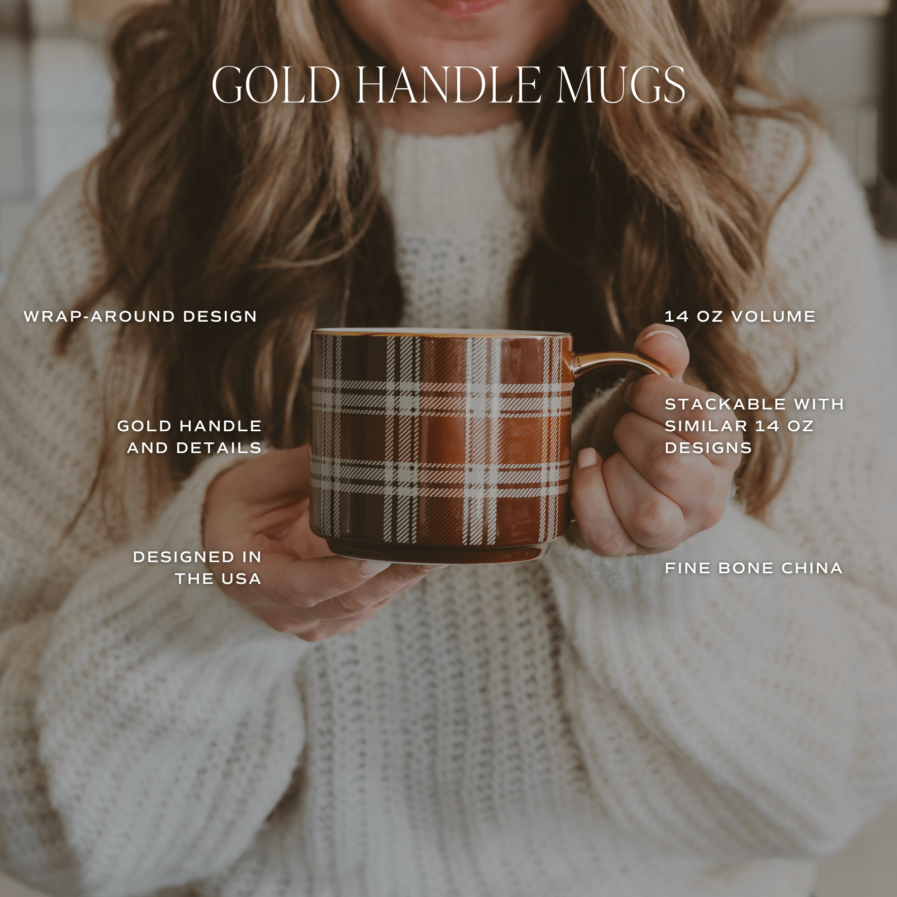 Person holding a plaid mug with gold handle, wearing a white sweater.