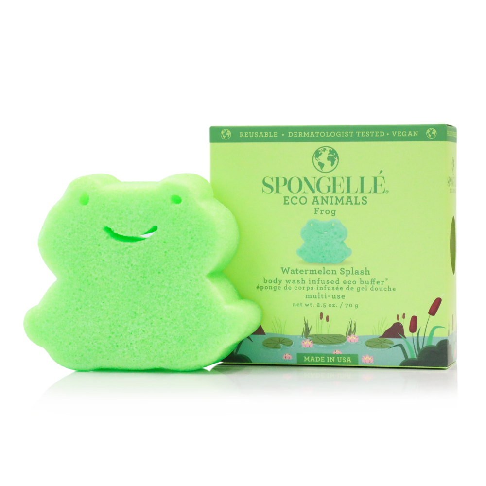 Green frog-shaped sponge with packaging on a white background