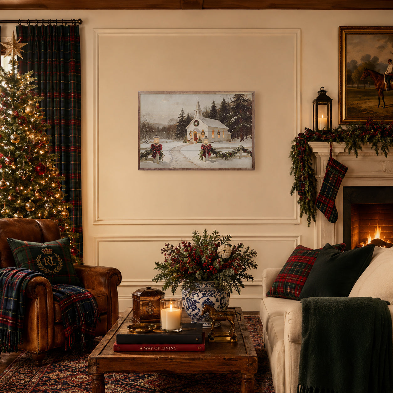Cozy living room decorated for Christmas with a tree, fireplace, and festive decor.