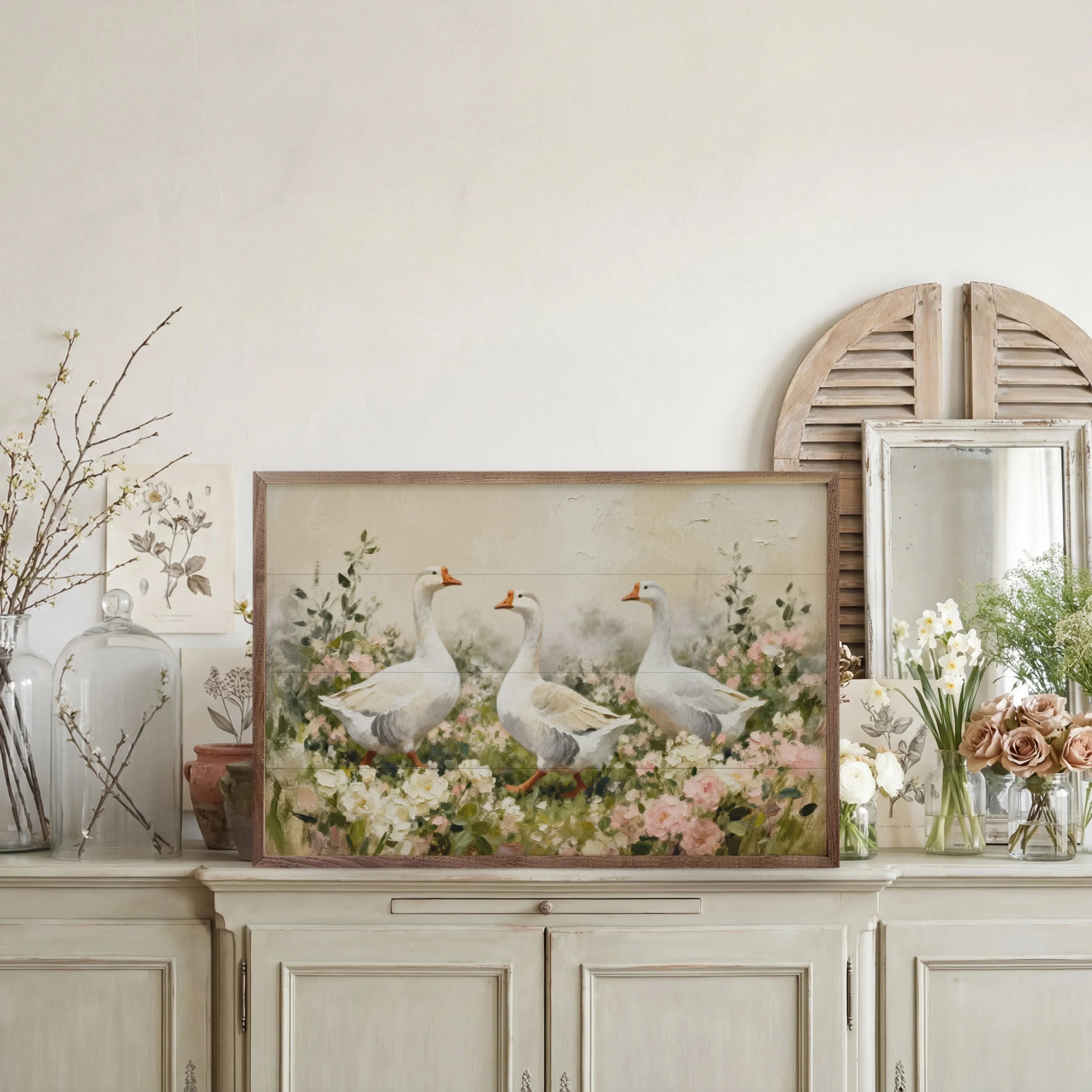 White Geese In Pink And White Flowers