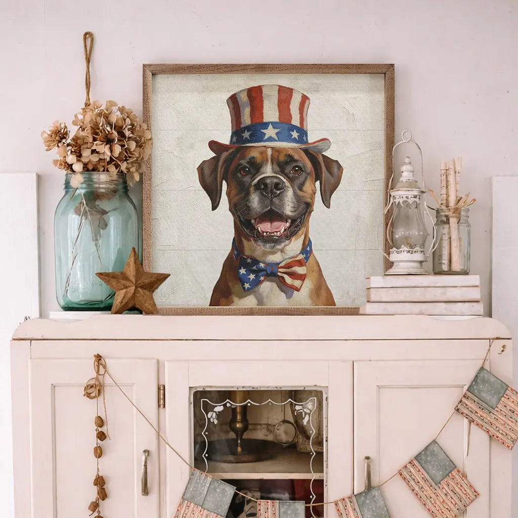 Decorative shelf with a framed picture of a dog wearing a patriotic hat and bow tie, surrounded by decorative items.