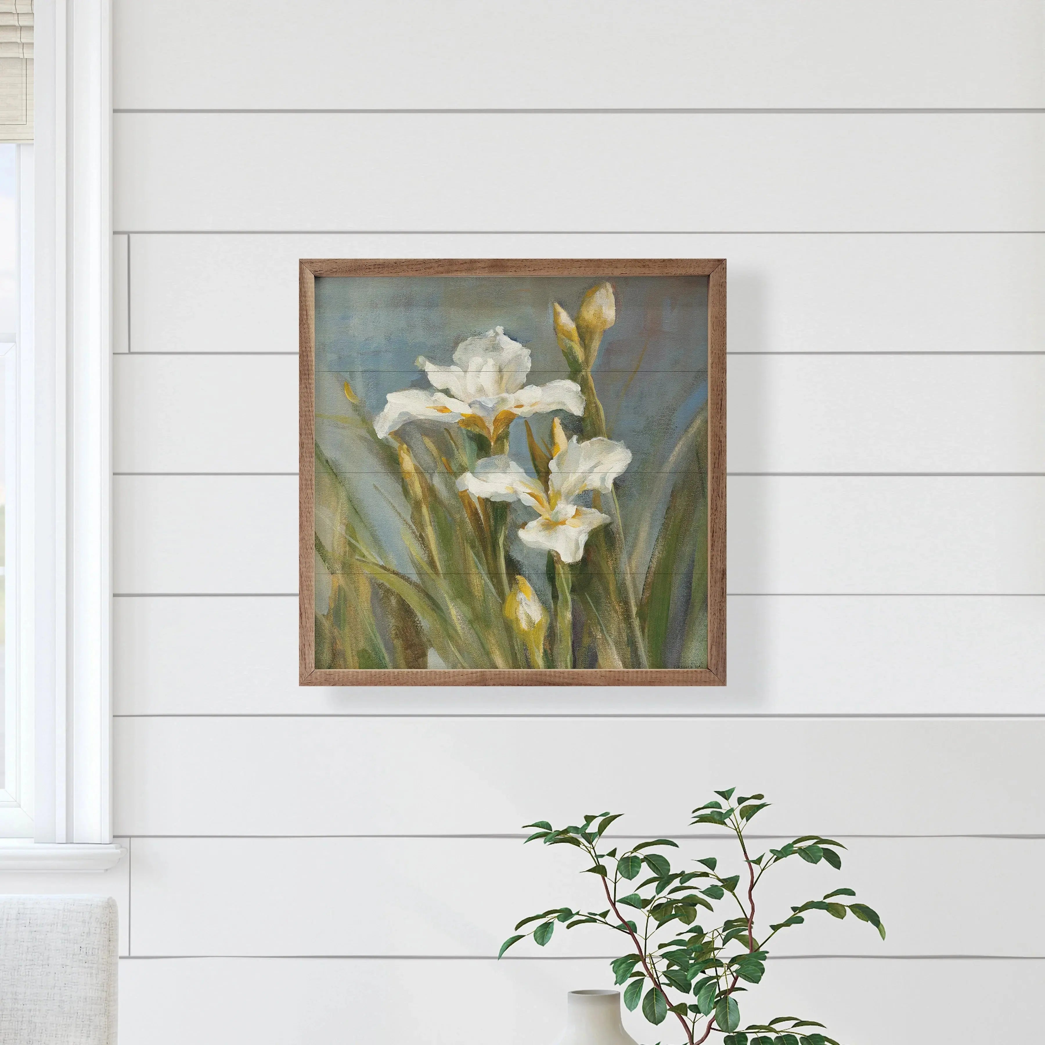 White iris floral wall art in rustic wood frame for farmhouse cottage decor