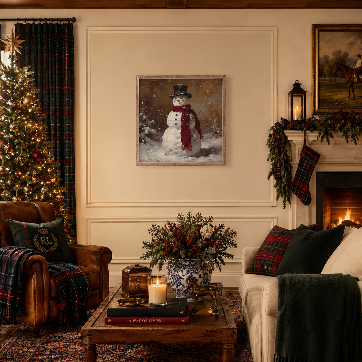 Cozy living room decorated for Christmas with a tree, fireplace, and festive decor.