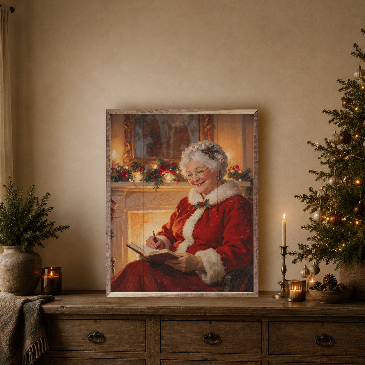 Framed artwork of a Mrs. Claus in a red outfit sitting by a fireplace with Christmas decorations writing in her journal.