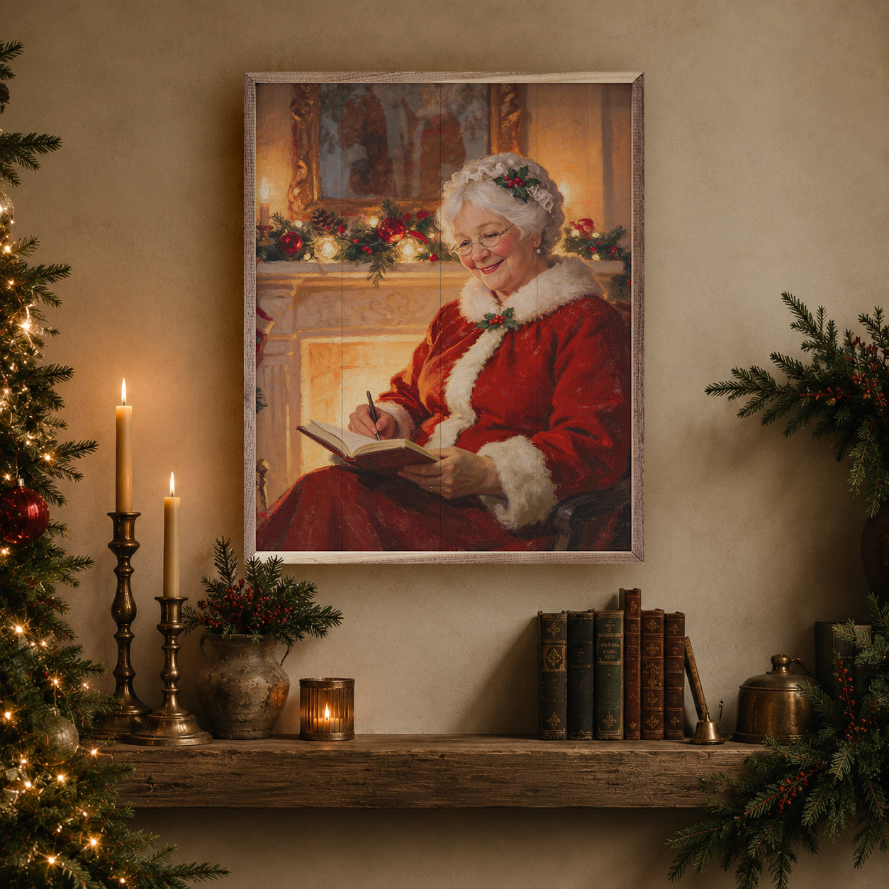 Framed artwork of a Mrs. Claus in a red dress with white fur trim, sitting by a fireplace, on a wall above a decorated Christmas mantel writing in her journal.