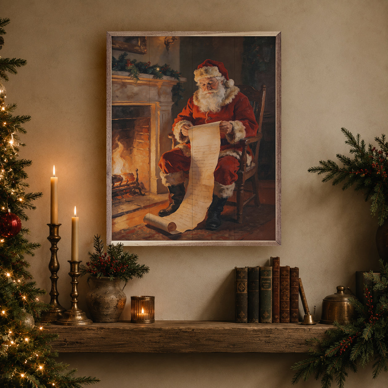 Framed picture of Santa Claus on a wall above a fireplace mantel with Christmas decorations.