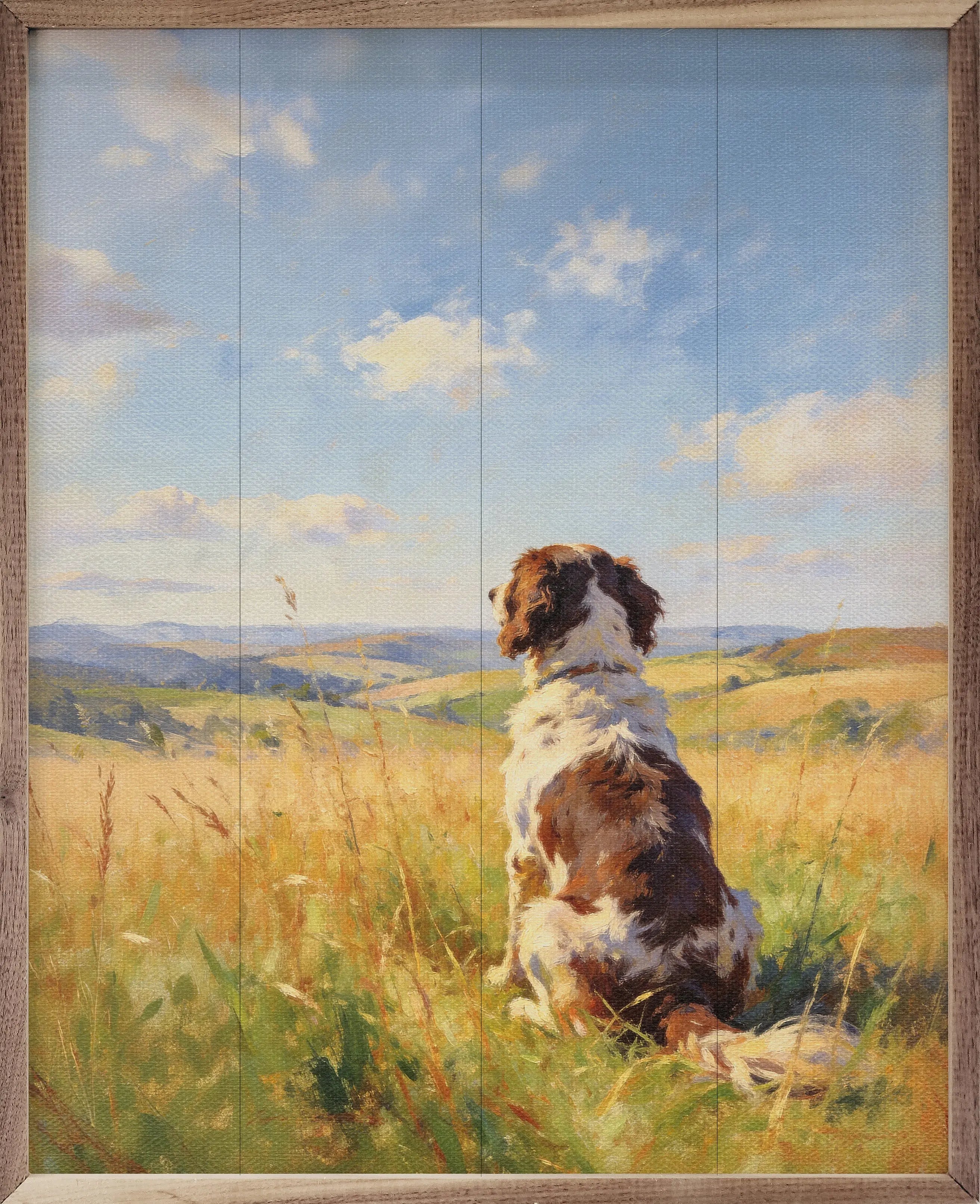 Painting of a dog sitting in a field with a scenic background