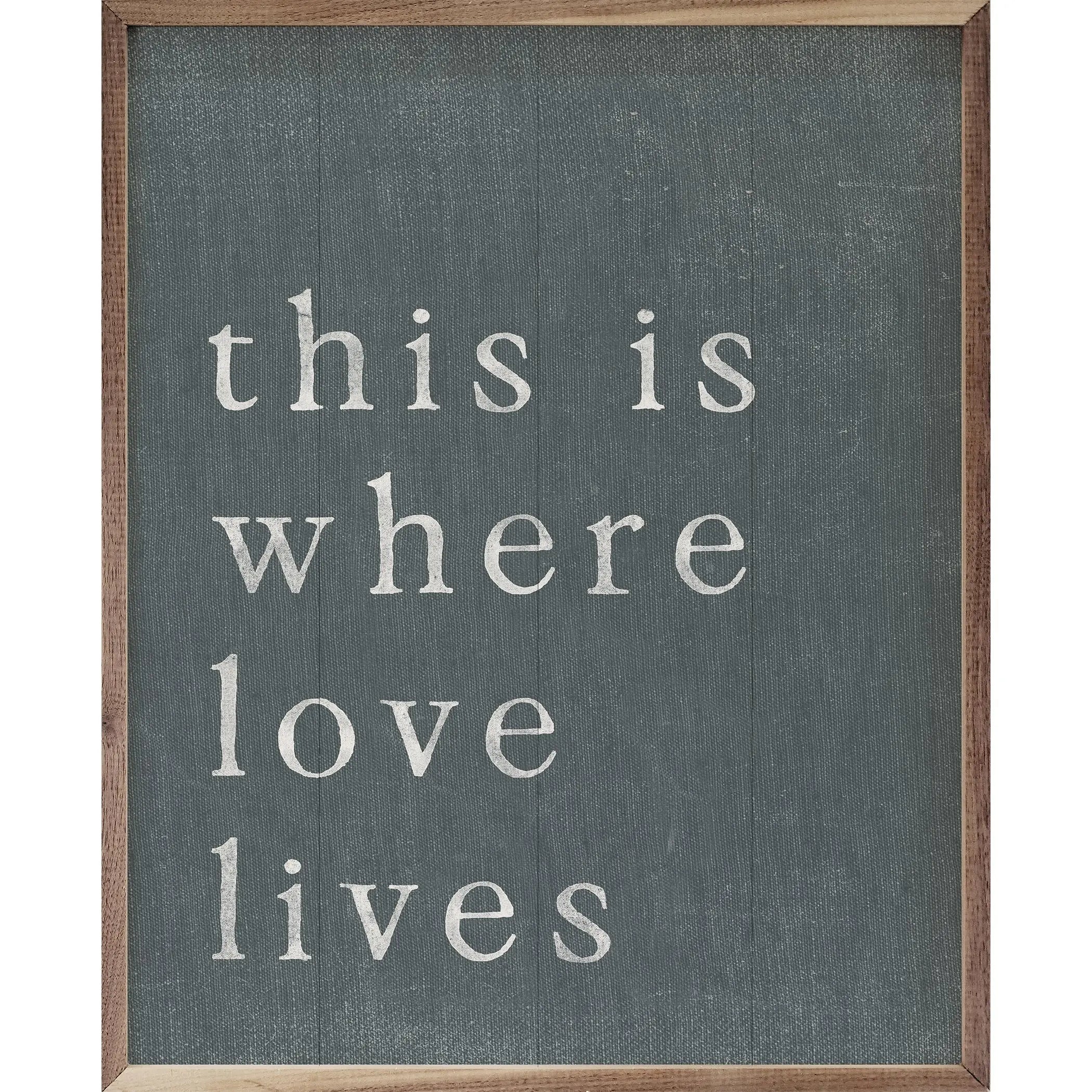 chalkboard with text "this is where love lives"