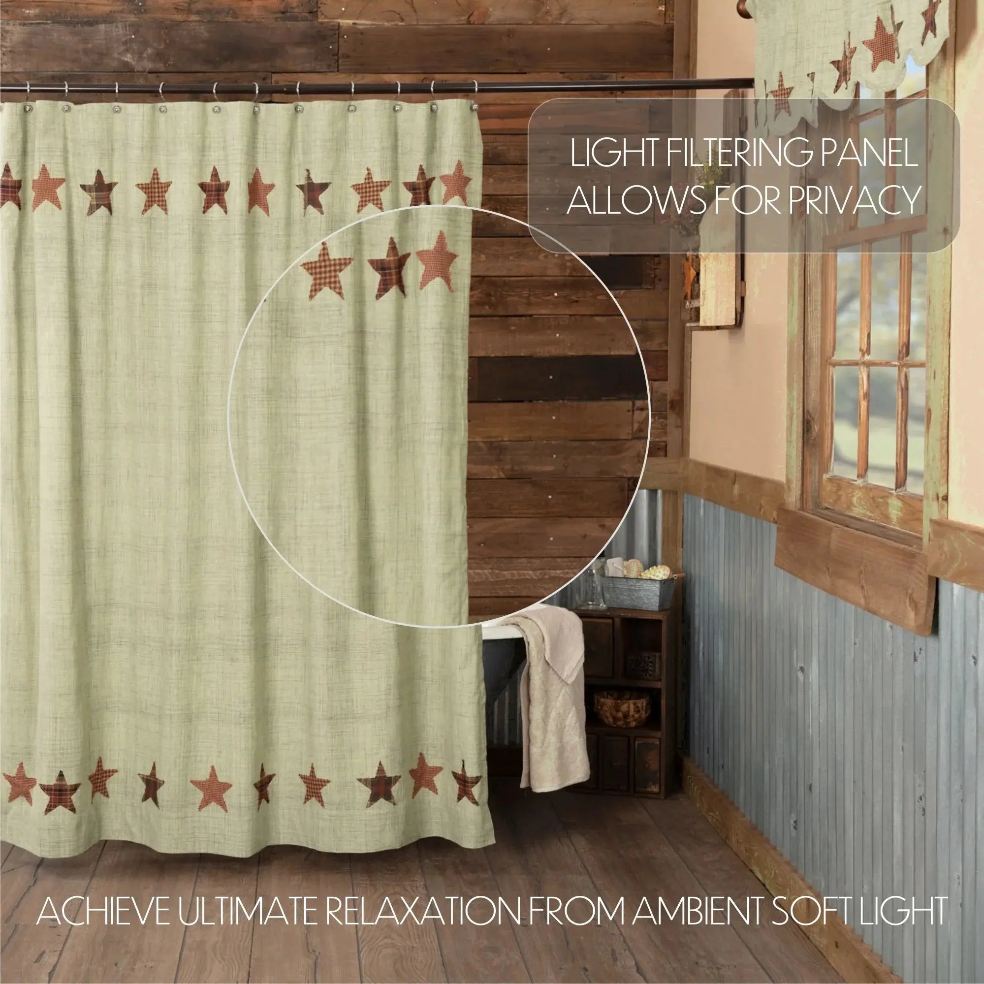 Shower curtain with star pattern in a rustic bathroom setting