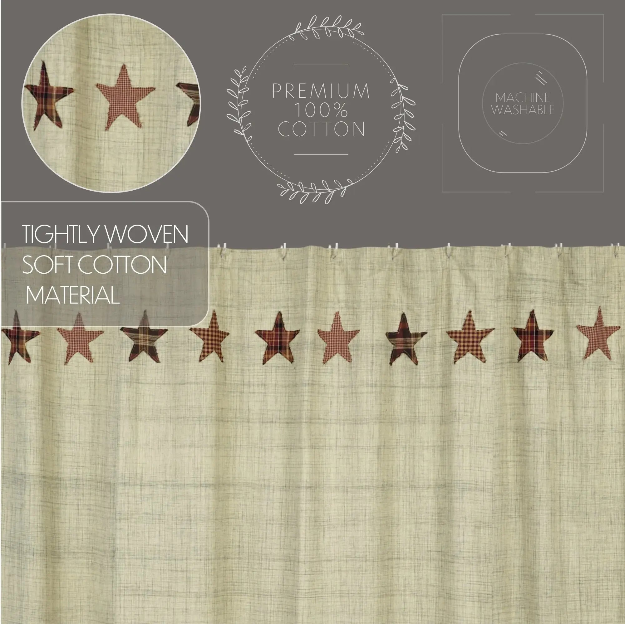 Curtain with star pattern and text about material and care on a gray background