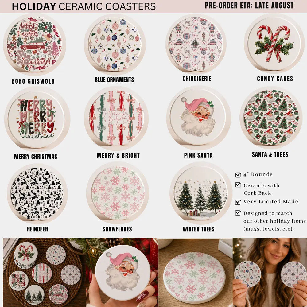 Collection of holiday ceramic coasters with various designs 