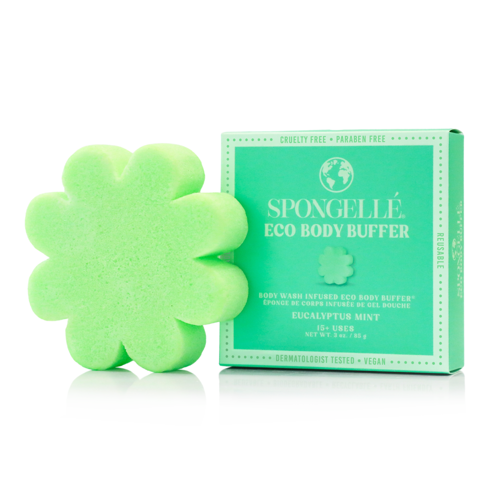 Green eco body buffer and packaging on a white background