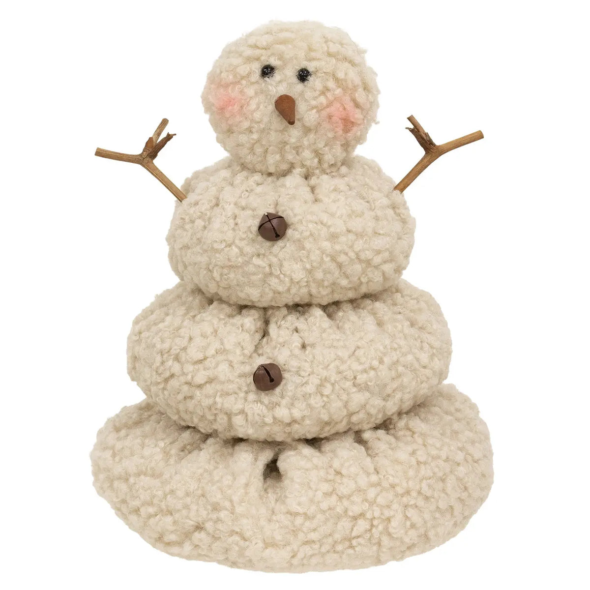 A plush snowman toy made from three stacked, textured cream bouclé fabric circles, with twig-style brown arms, small embroidered facial features, and two brown buttons on a plain white background.
