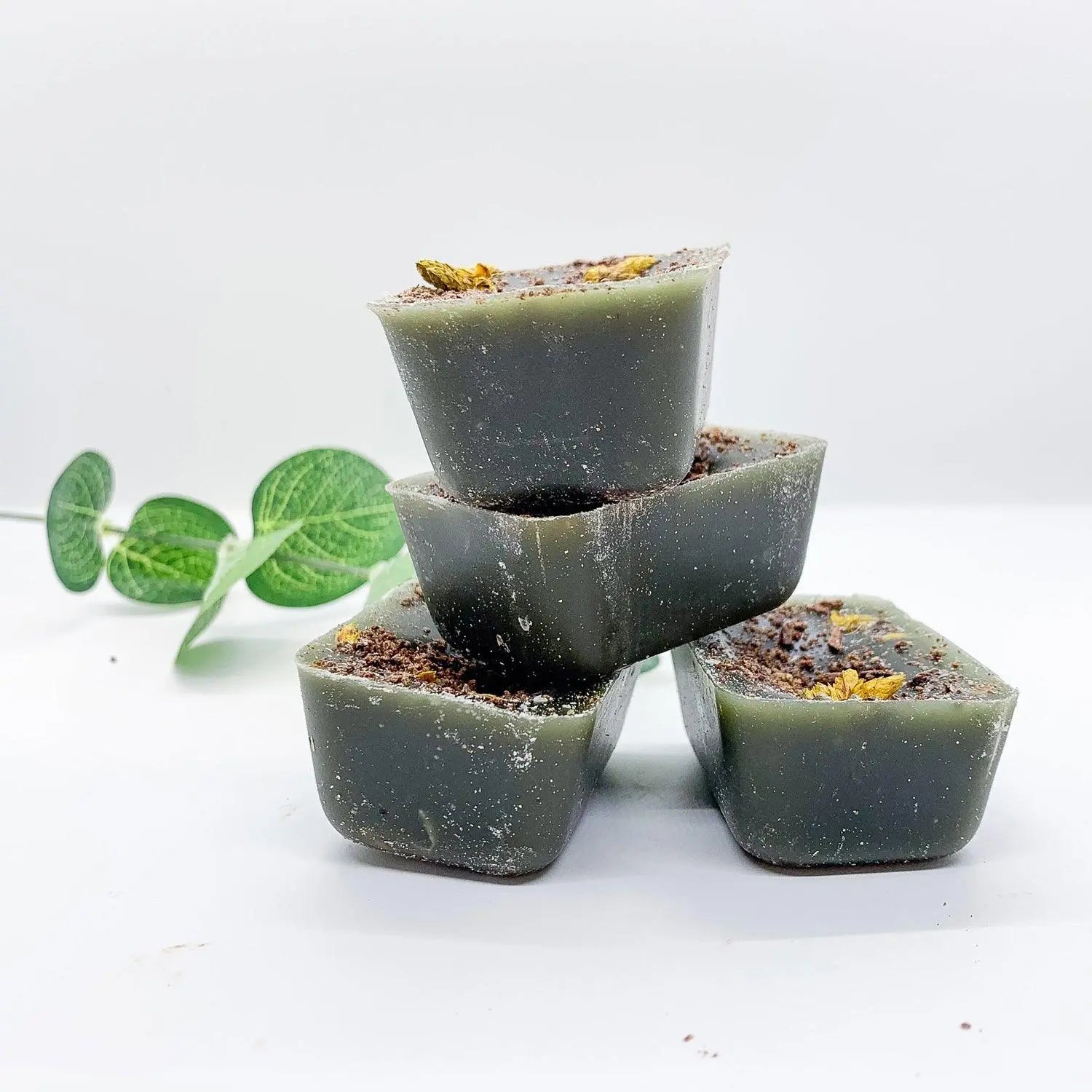 Stack of dark green seedling pots with a small plant on a white background
