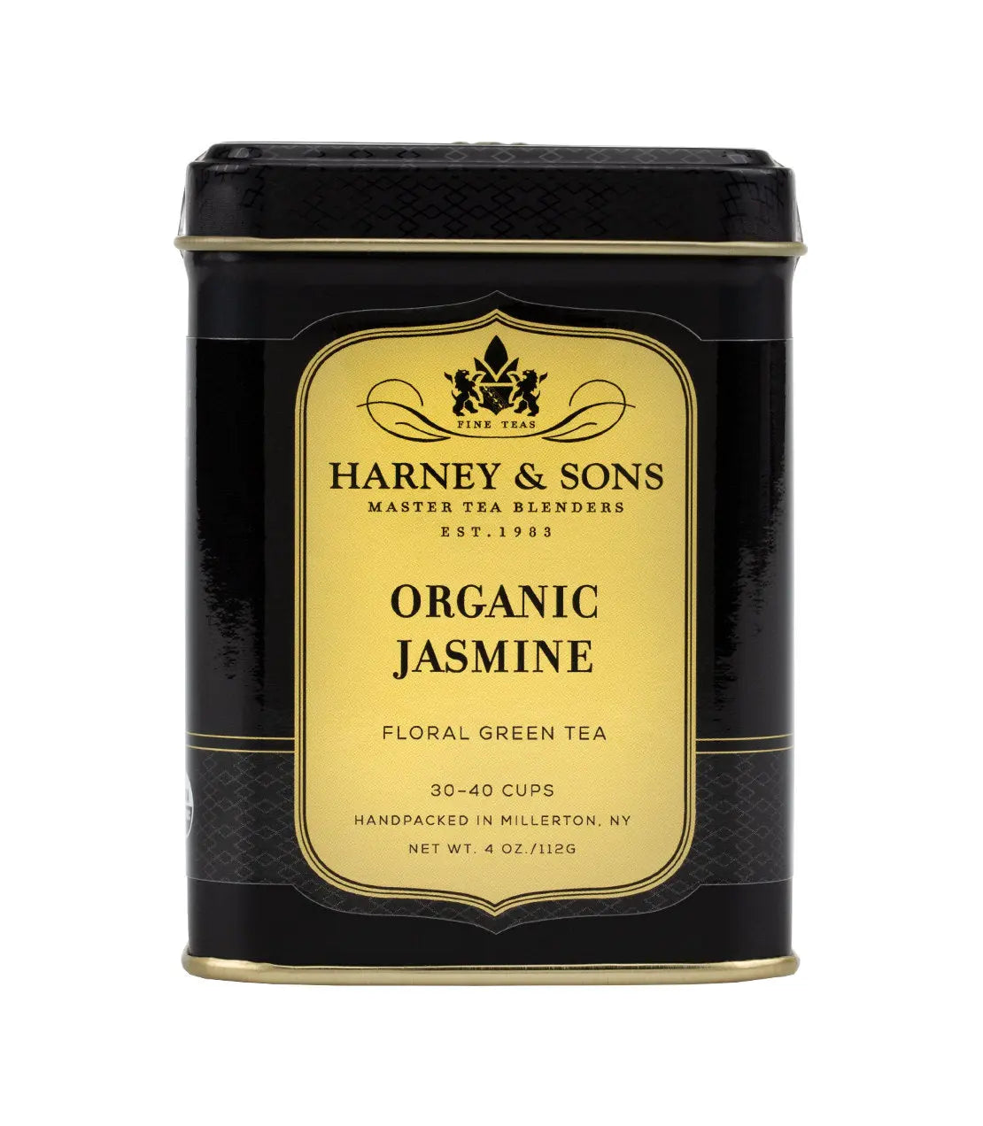 Harney & Sons Organic Jasmine tea canister on a white background
