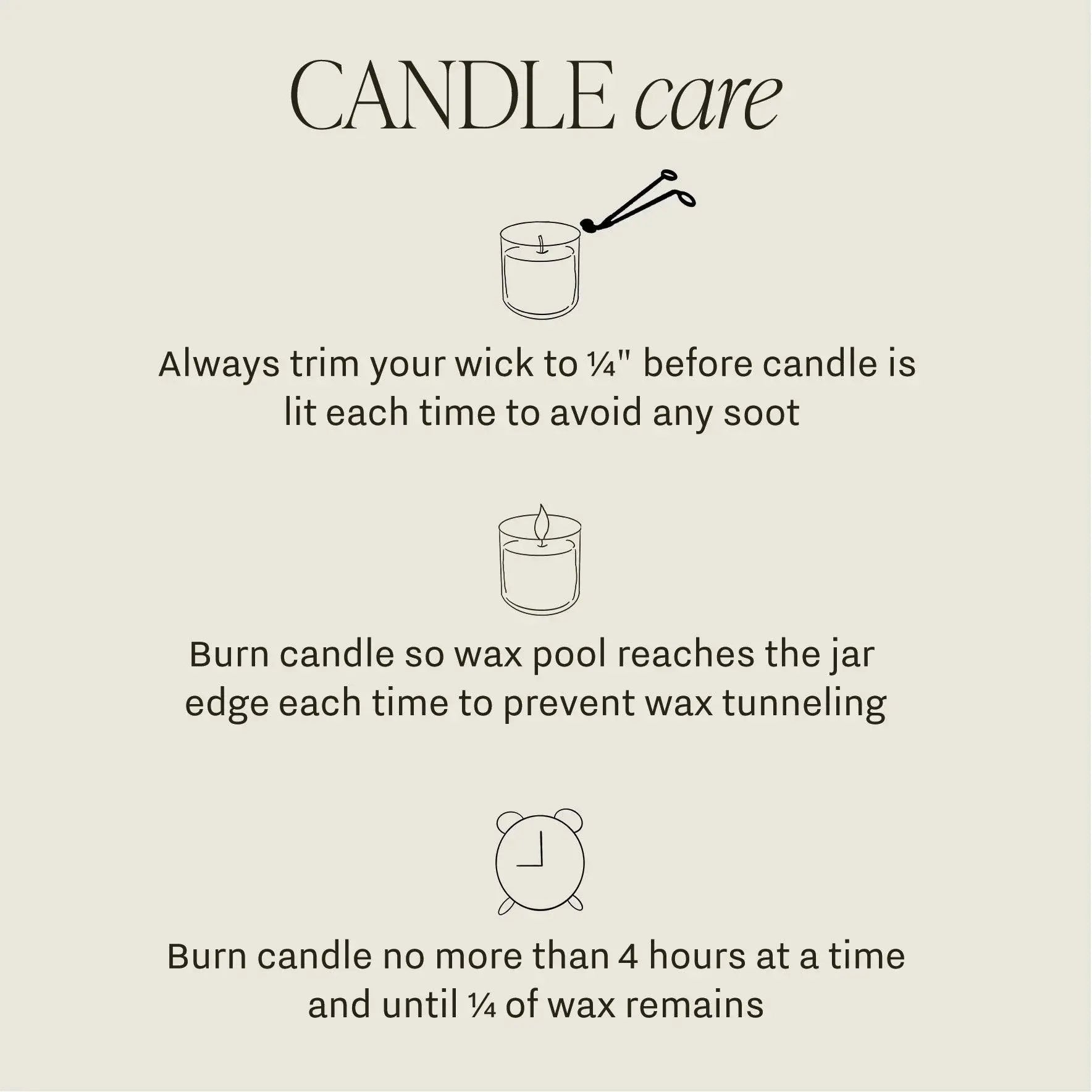 Candle care tips: trim wick, burn to jar edge, limit to 4 hours for cozy home ambiance