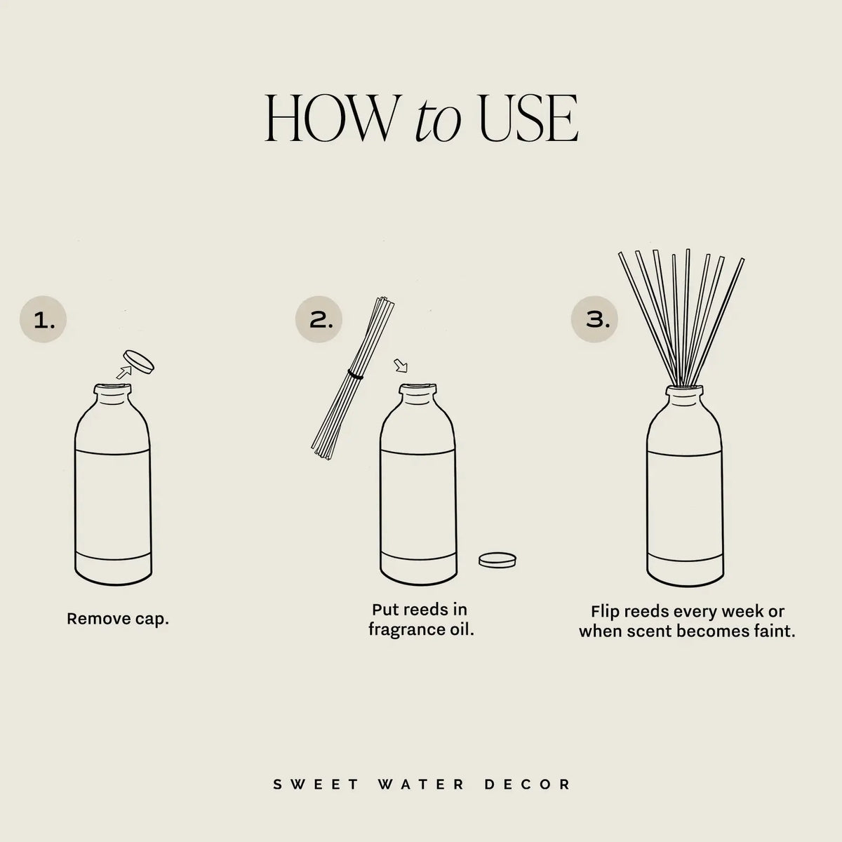 How to use reed diffuser: remove cap, insert reeds, flip weekly for cozy home fragrance