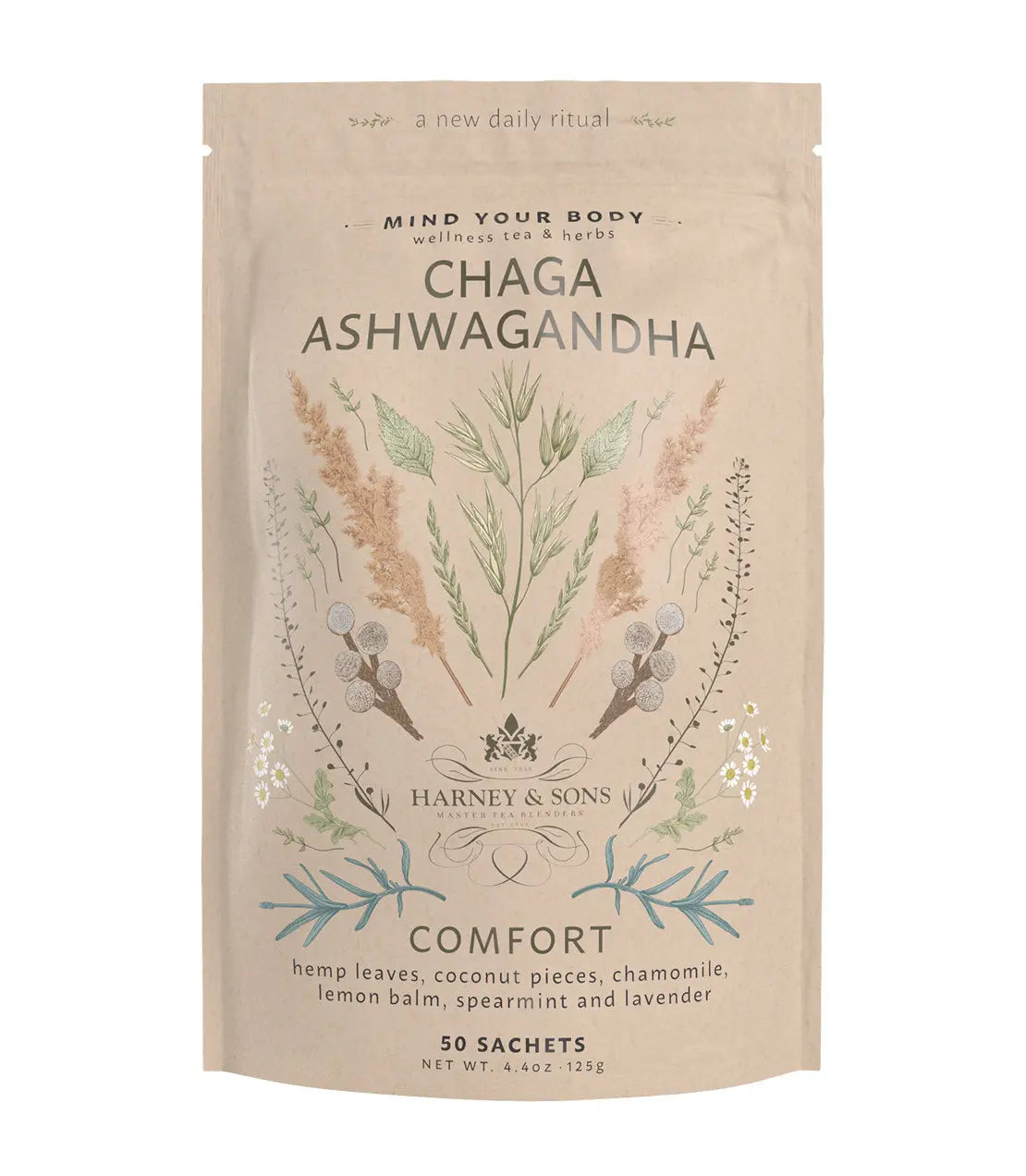 Package of Chaga Ashwagandha tea from Harney & Sons on a white background