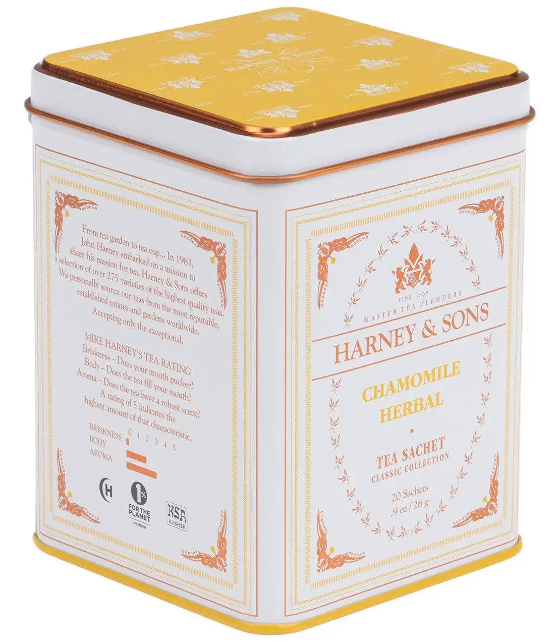 Chamomile herbal tea sachets in elegant tin, cozy farmhouse decor style