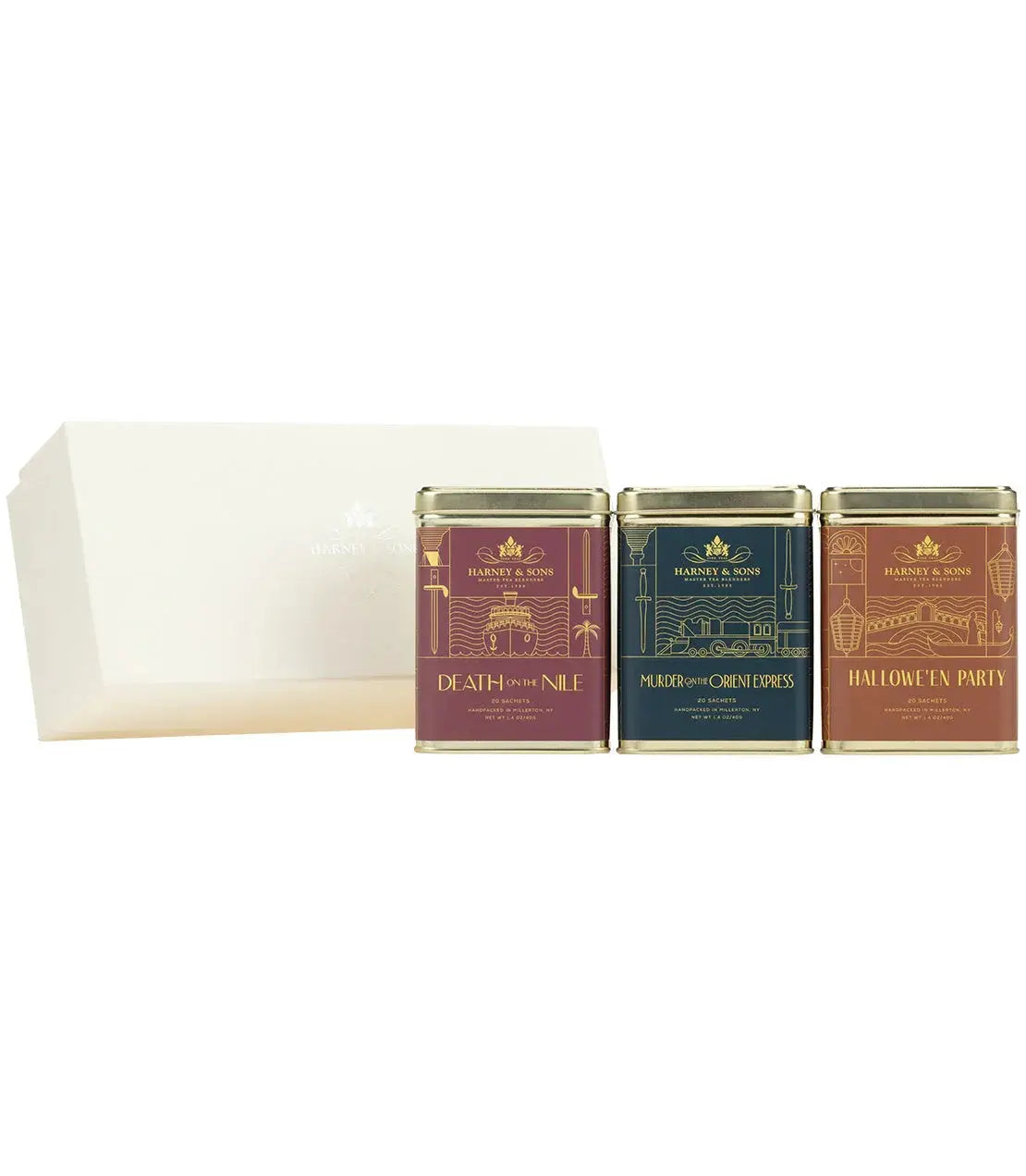 Harney & Sons tea tins: Death on the Nile, Murder on the Orient Express, Hallowe'en Party — cozy home gift set