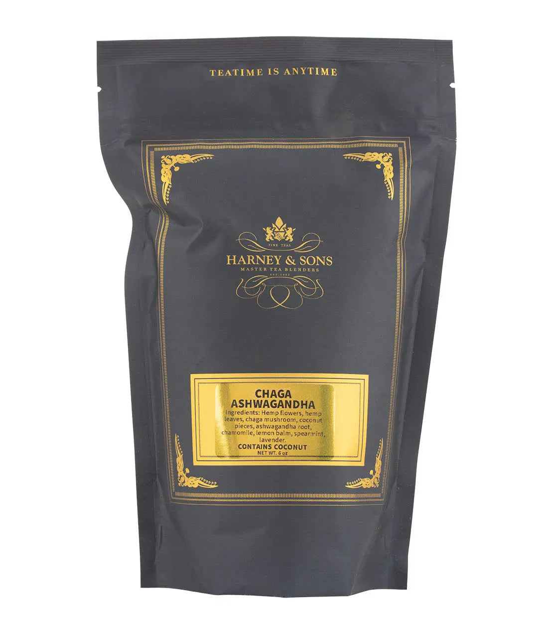Harney & Sons Chaga Ashwagandha tea package on a white background