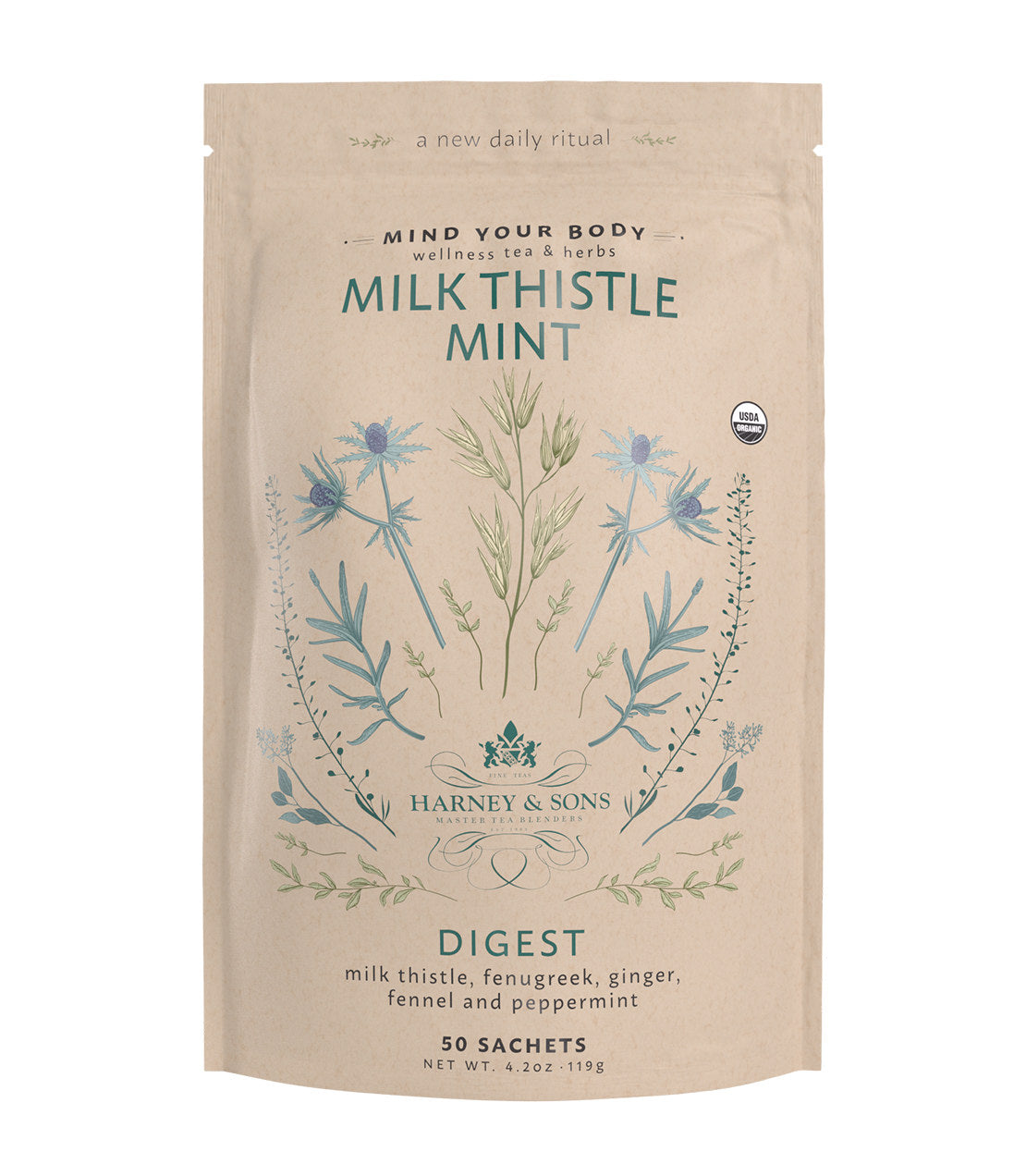 Organic Milk Thistle Mint, Bag of 50 Sachets Harney & Sons Fine Teas Organic Milk Thistle Mint, Bag of 50 Sachets Harney & Sons Fine Teas