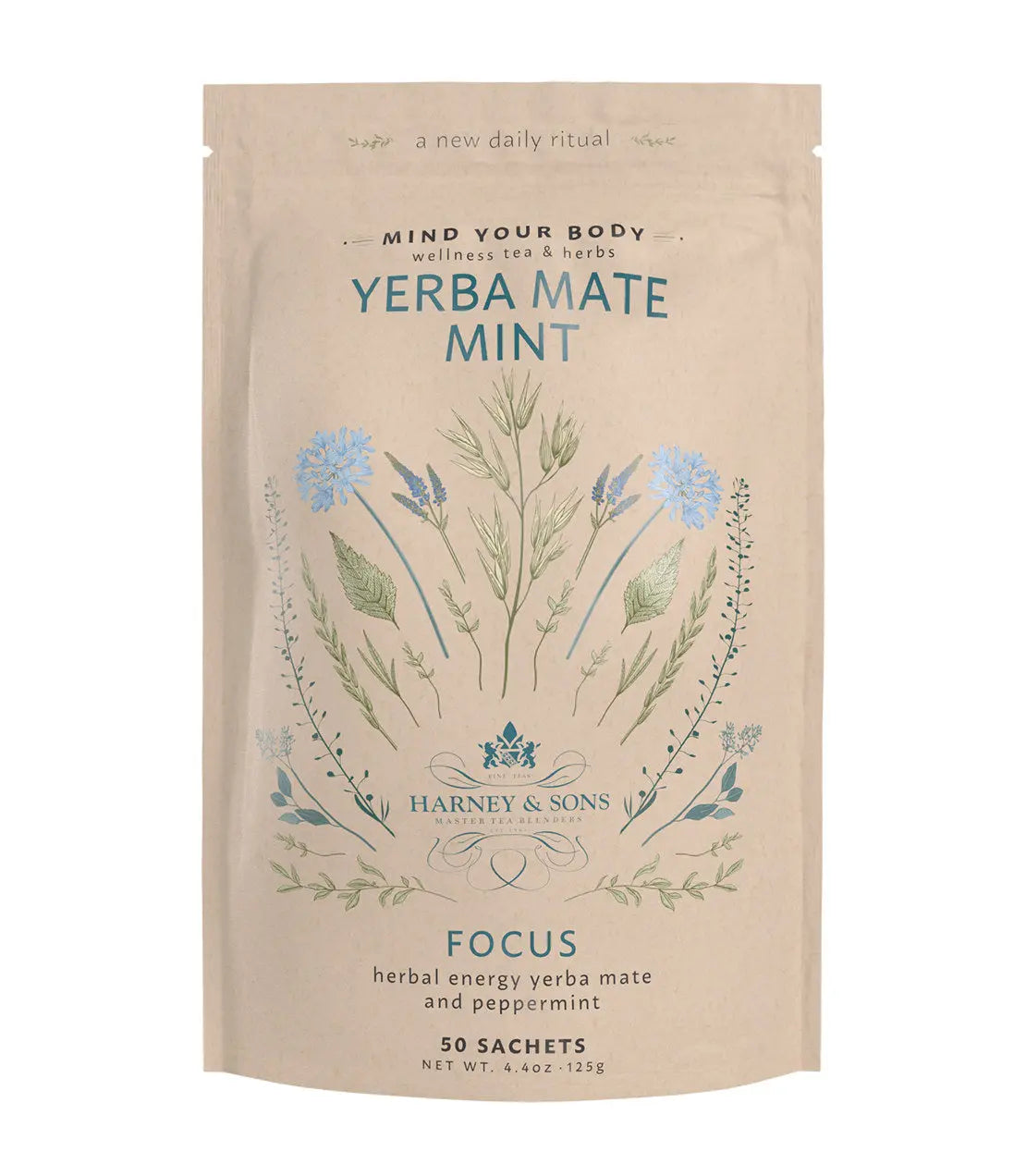 Yerba Mate Mint tea package with botanical illustrations on a white background