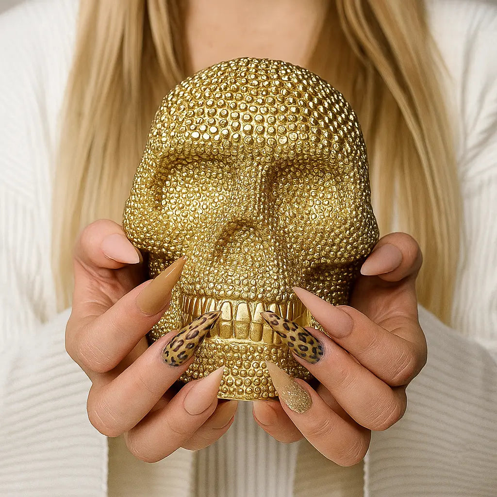 Gold skull-shaped object held by a person with leopard print nail polish.
