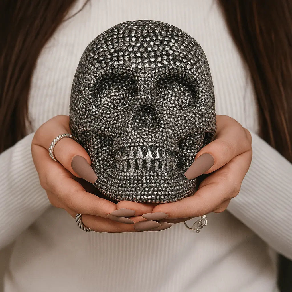 Person holding a decorative skull with rhinestones against a neutral background